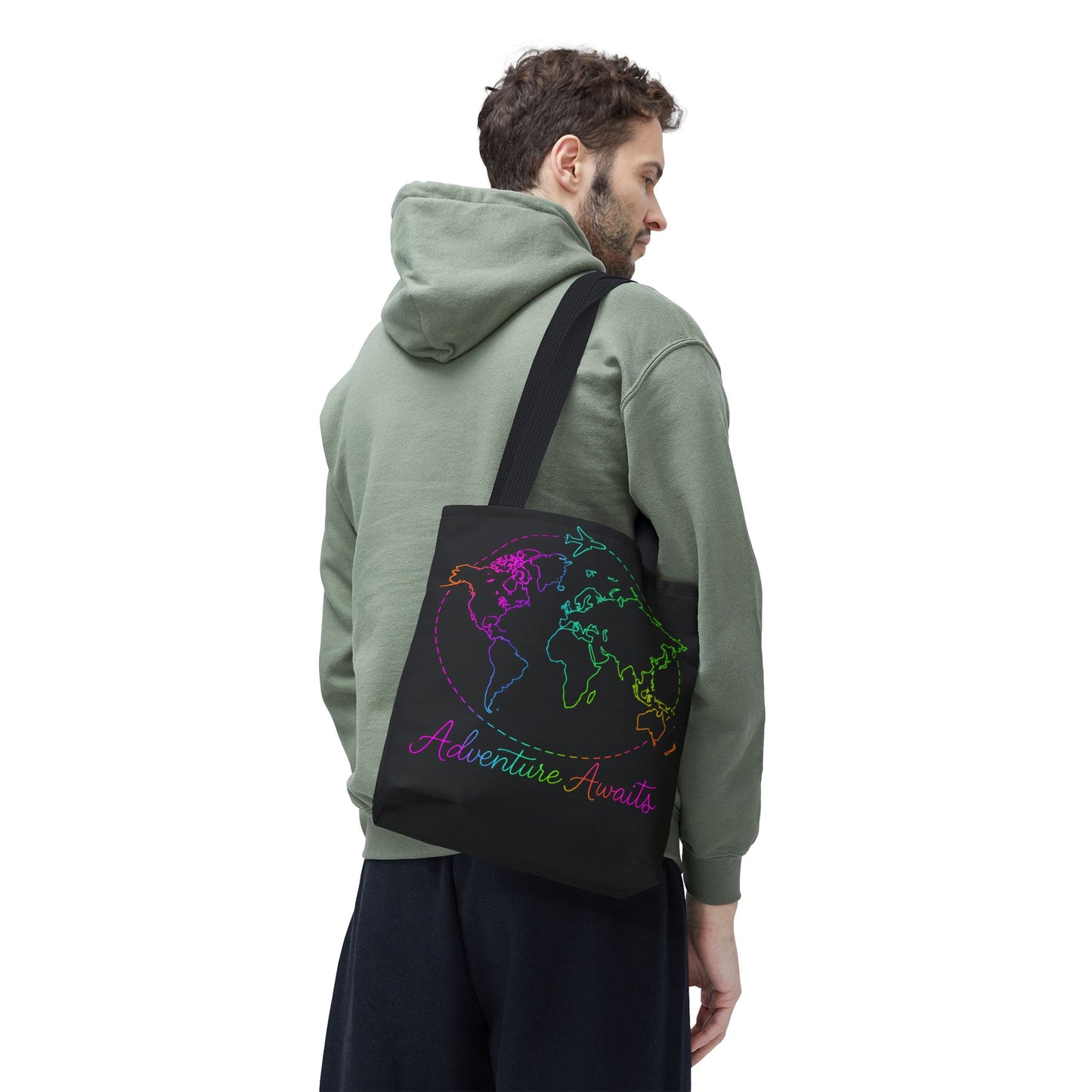 Adventure Awaits Neon Tote Bag - Y2K Rainbow World Map and Plane Travel Tote, Reusable Canvas Tote for Airport, Beach, Market + Gift