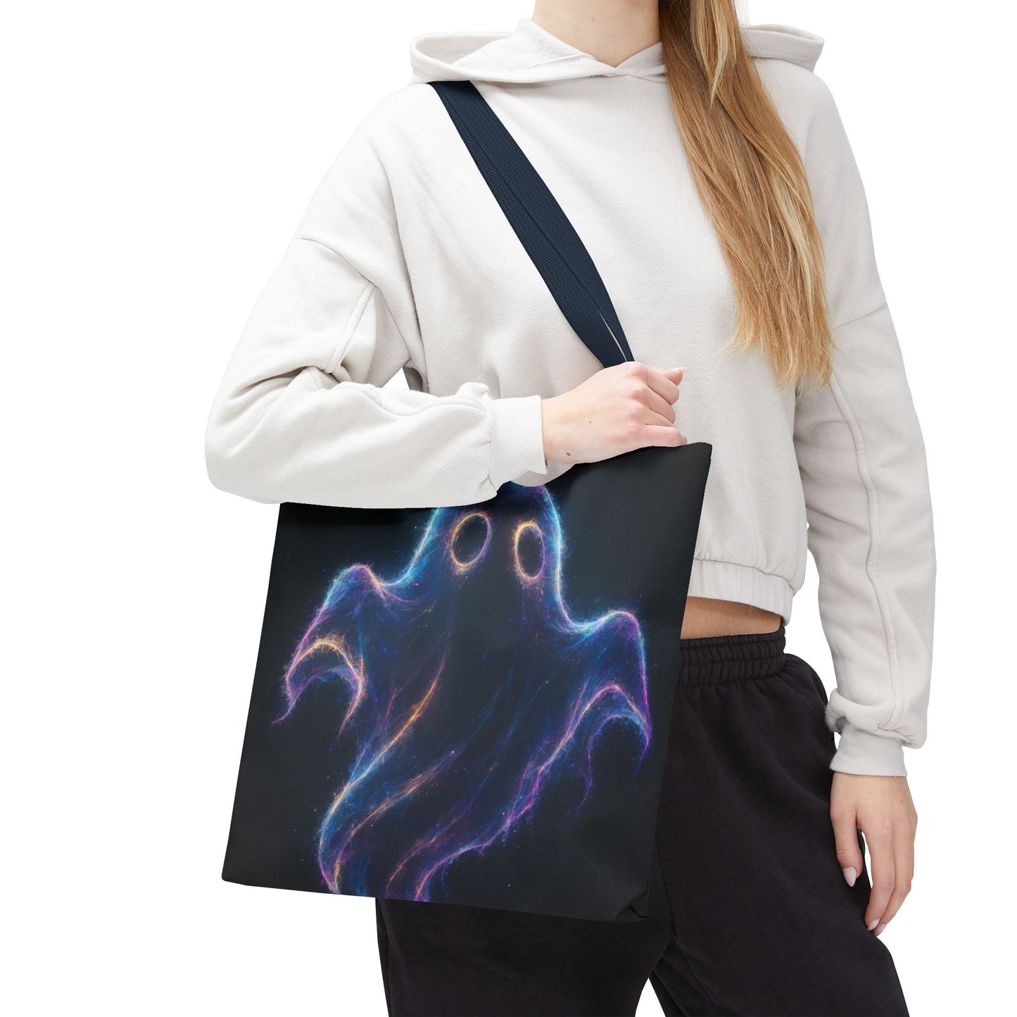 Neon Ghost Tote Bag, Spooky Halloween Canvas Tote, Glowing Cosmic Ghost Design Bag, Reusable Trick Or Treat Tote, Gothic Gift Accessory
