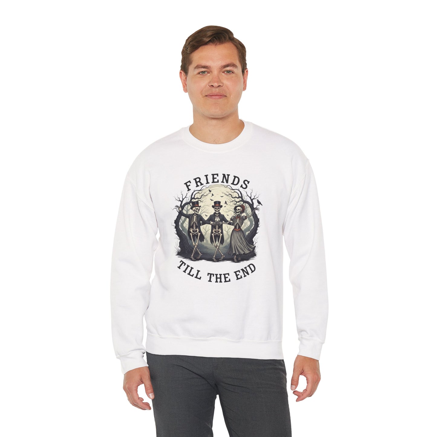 Friends Till The End Skeleton Sweatshirt | Dancing Skeletons Halloween Crewneck | Spooky Fall Graphic Pullover Gift for Bestie