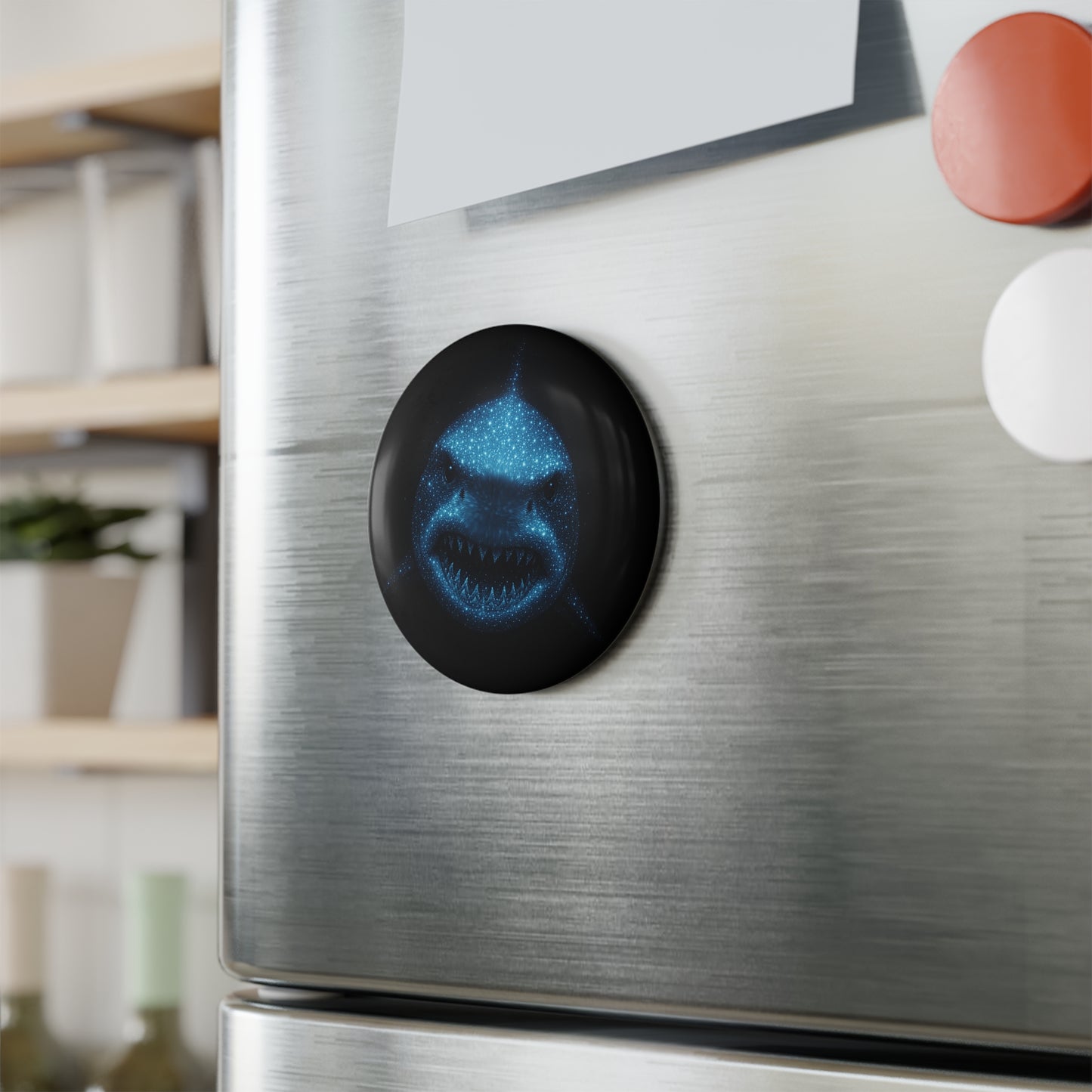 Menacing Shark Magnet - Ocean Decor Button Magnet - Dark Blue Galaxy Shark Art for Fridge, Locker and Home Office, Gift for Sea Lovers