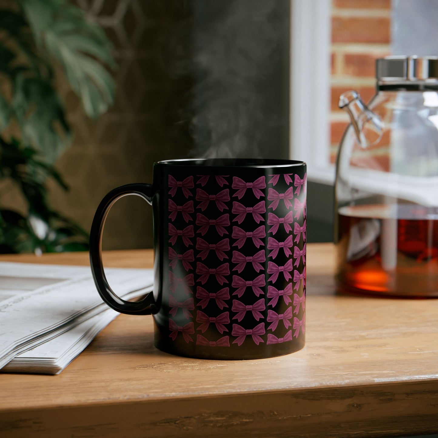 Mug with Sparkling Pink Bow Pattern Feminine Cup Unique Decor Black Pink Kitchen Mug