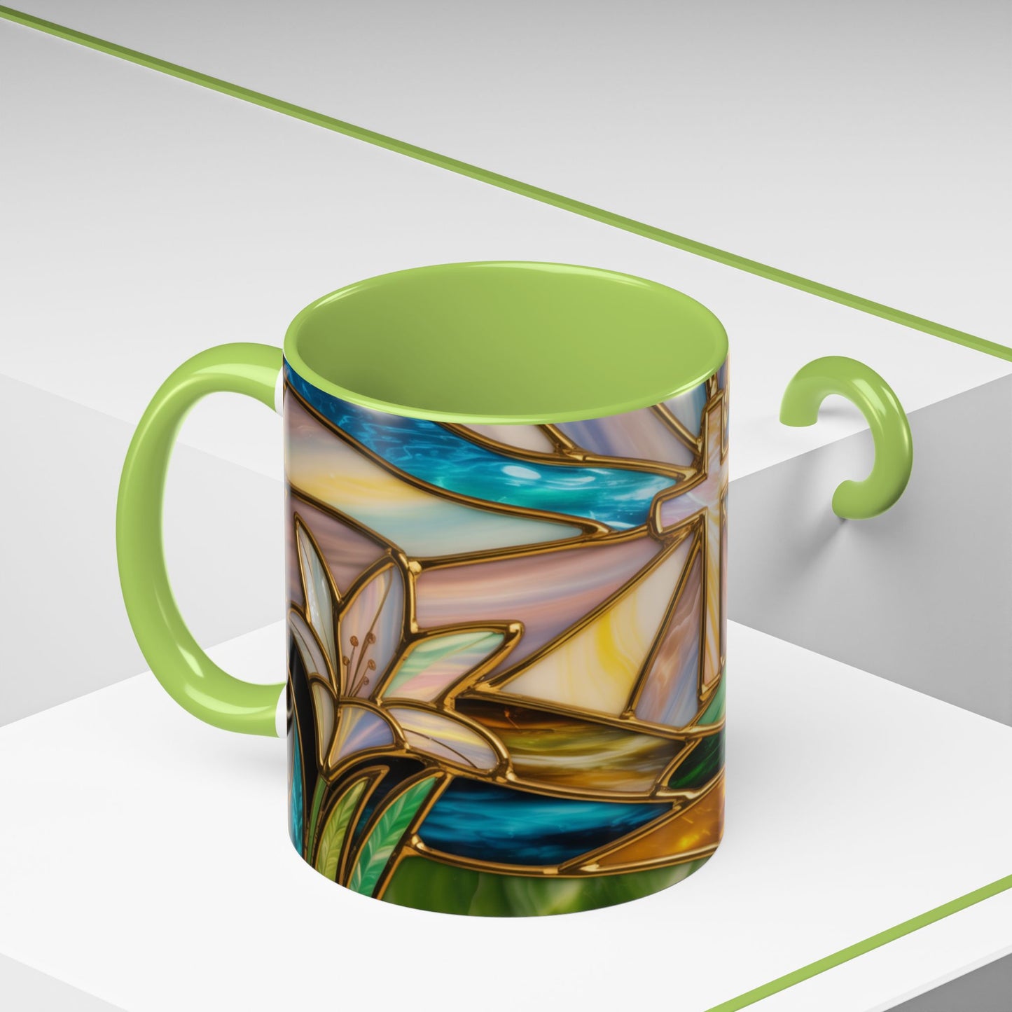 Stained Glass Cross Mug, Christian Sunrise Coffee Cup, Religious Floral Art Mug, Inspirational Faith Gift For Women, Colorful Stained Glass Design