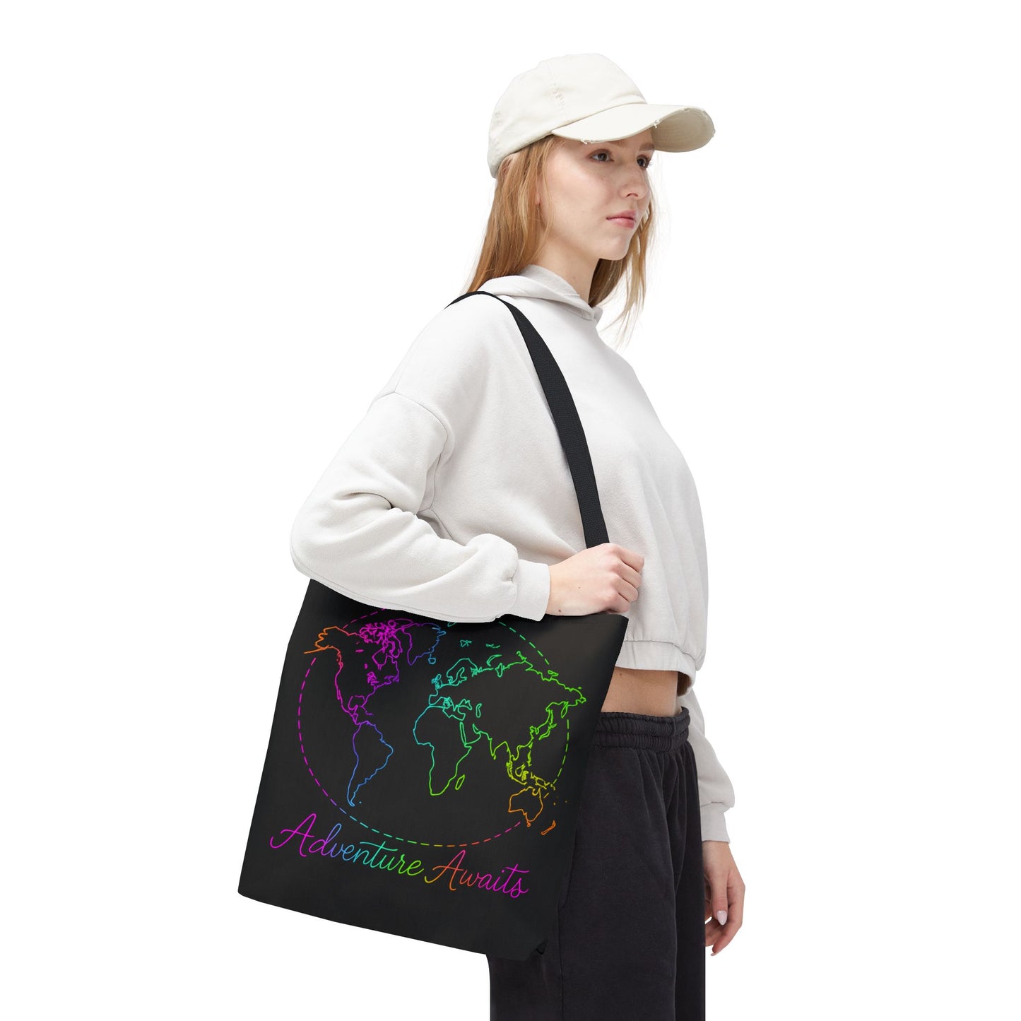 Adventure Awaits Neon Tote Bag - Y2K Rainbow World Map and Plane Travel Tote, Reusable Canvas Tote for Airport, Beach, Market + Gift