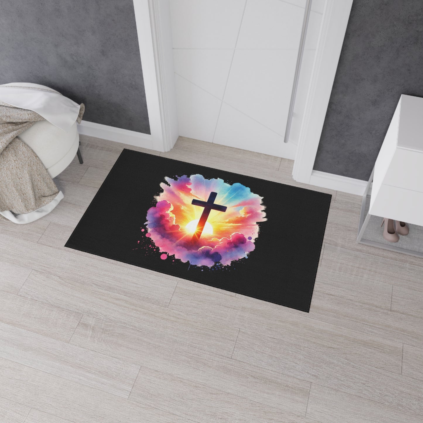 Inspirational Christian Heavy Duty Floor Mat - Sunrise Cross Design