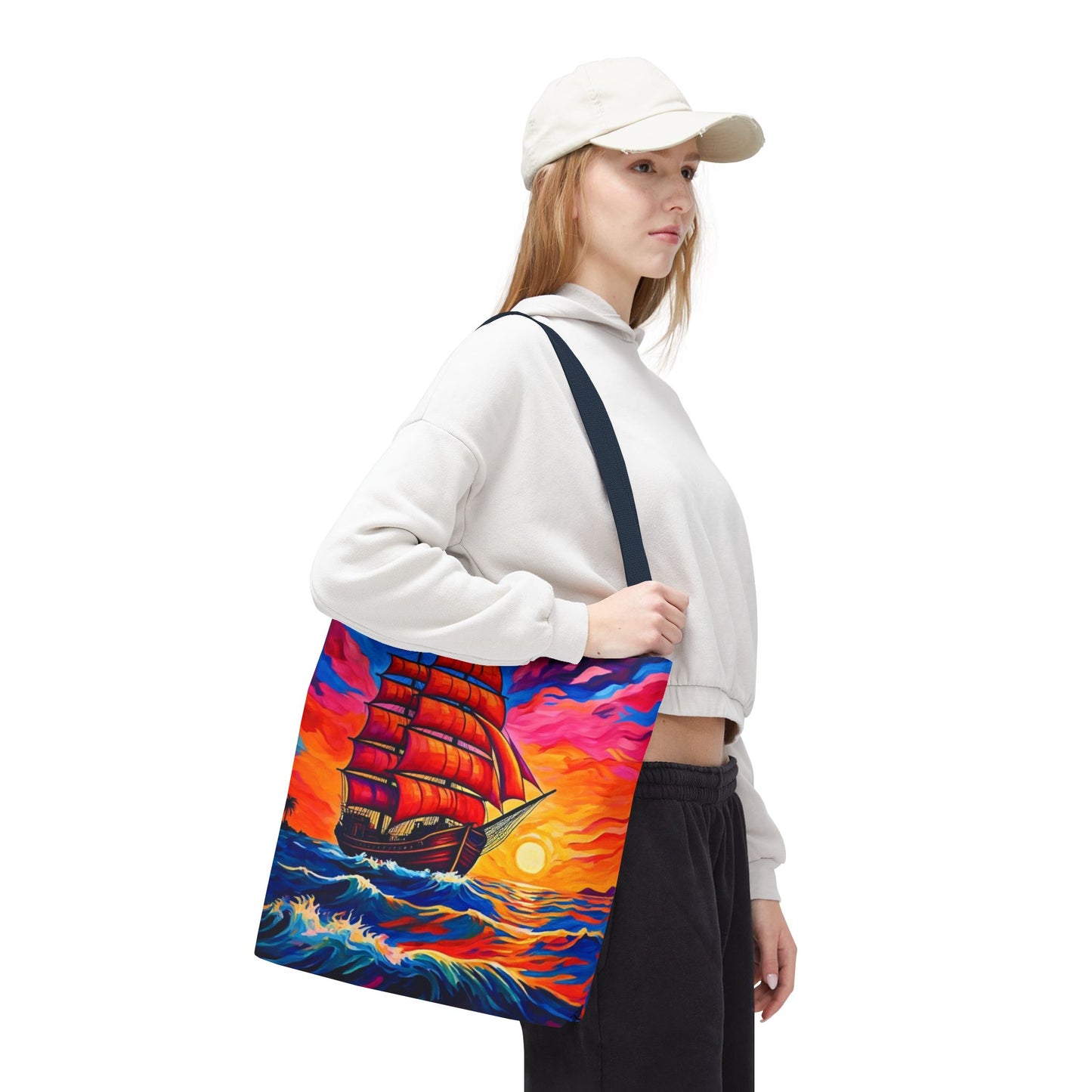 Crimson Voyage Tote Bag, Red Sailboat At Sunset Artistic Ocean Design, Nautical Reusable Tote For Beach, Travel, And Everyday Use