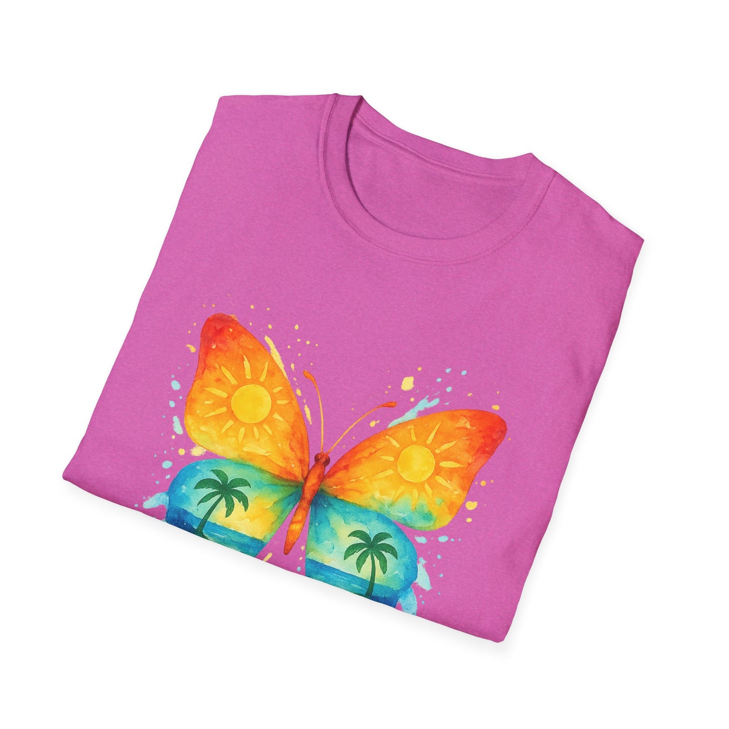 Butterfly Sunset Beach Tee - Ocean & Palm Watercolor Butterfly T-Shirt, Coastal Boho Graphic, Nature Lover Gift, Unisex Casual Tee