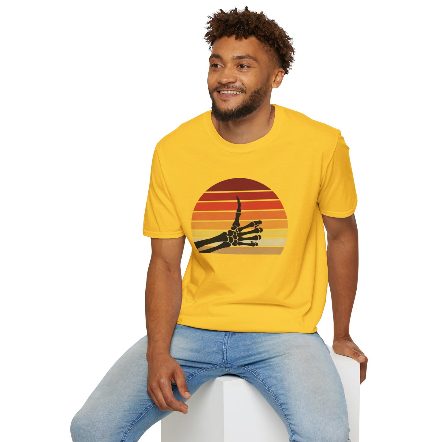 Skeleton Hand Rock On Shirt - Retro Sunset Halloween T-Shirt, Spooky Skeleton Finger Tee, Vintage 70s Style Goth Shirt, Unisex Sizes