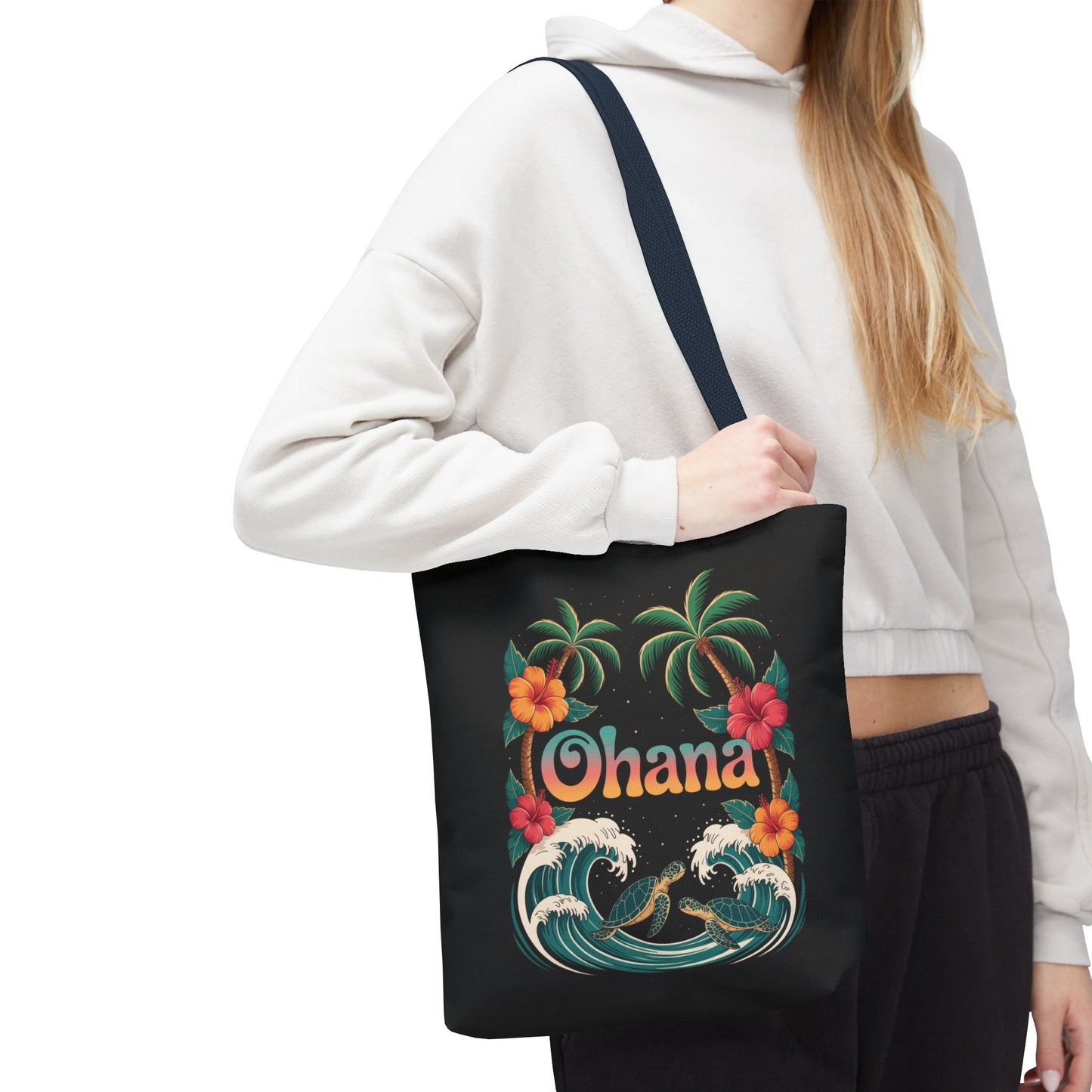 Ohana Tote Bag – Hawaiian Beach Tote with Sea Turtles & Palm Trees – Floral Tropical Reusable Bag, Summer Gift, Aesthetic Travel Purse