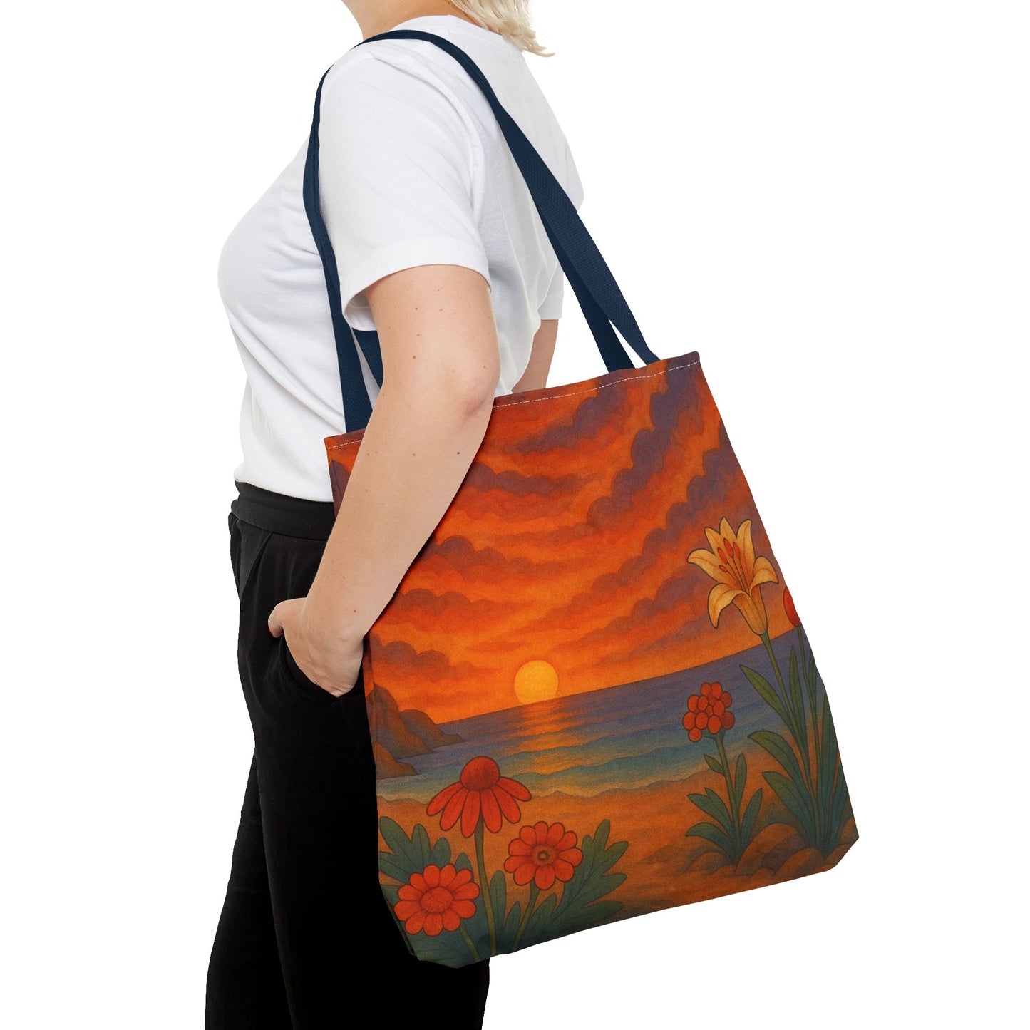 Retro Sunset Tote Bag with Wildflowers – Vibrant Floral Landscape Art, Nature-Inspired Reusable Bag, 70s Style Summer Accessory