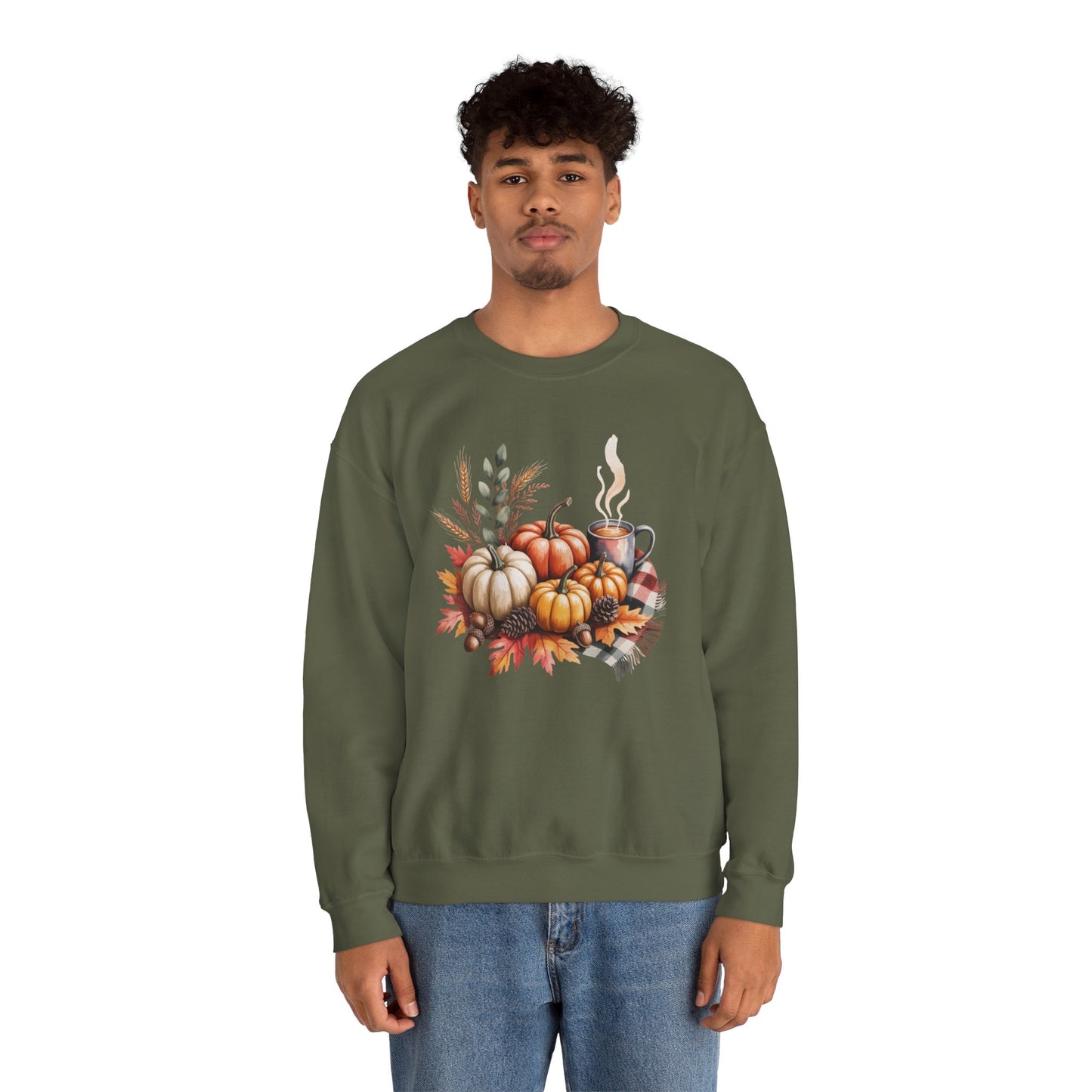 Fall Pumpkin Sweatshirt, Cozy Autumn Crewneck, Thanksgiving Sweater With Pumpkins And Coffee, Fall Leaves Pullover, Seasonal Gift