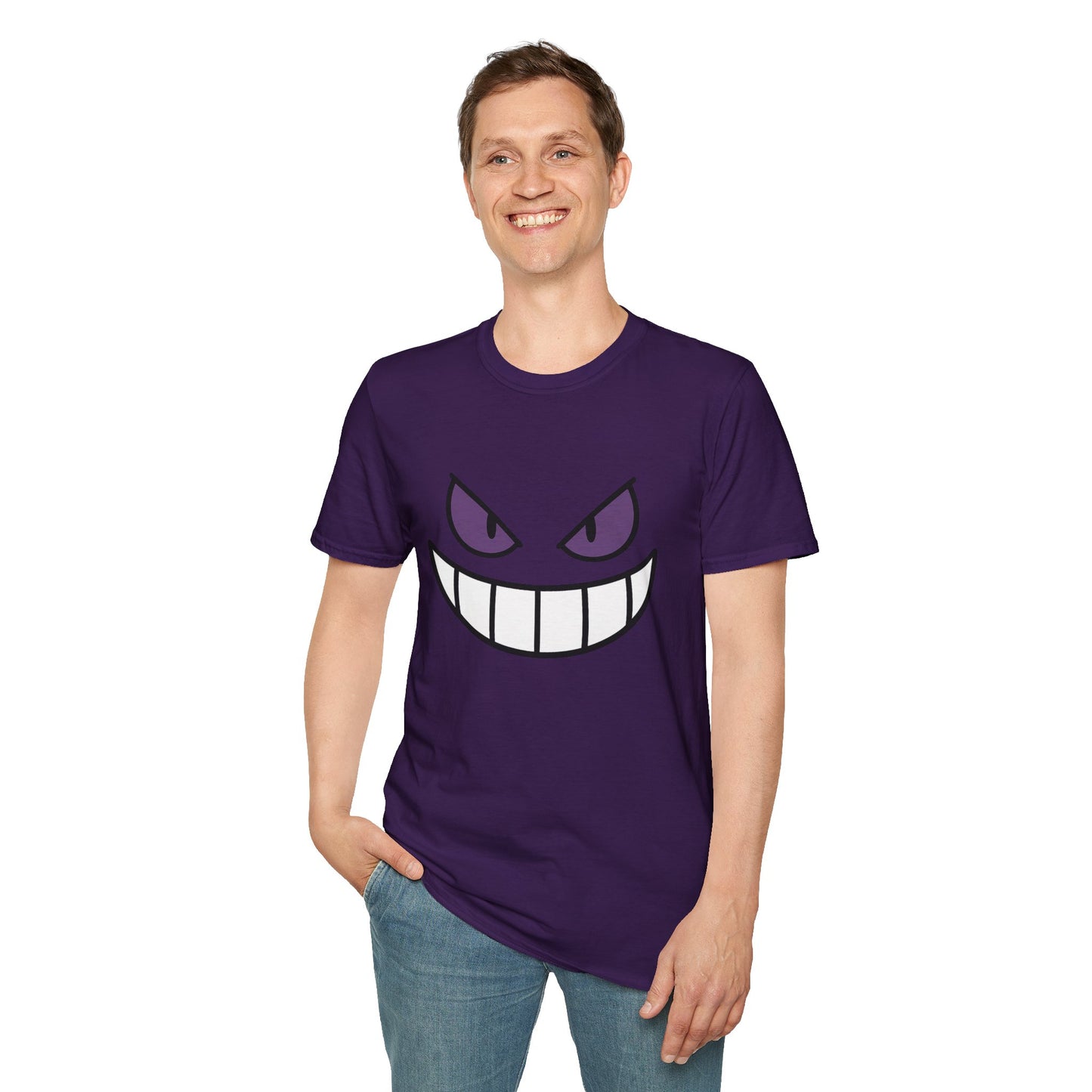 Mischievous Shadow Face Tee - Purple Eyes and Big Grin Graphic Shirt | Spooky Cute Gift, Retro Gaming Vibe, Funny Halloween Unisex Top