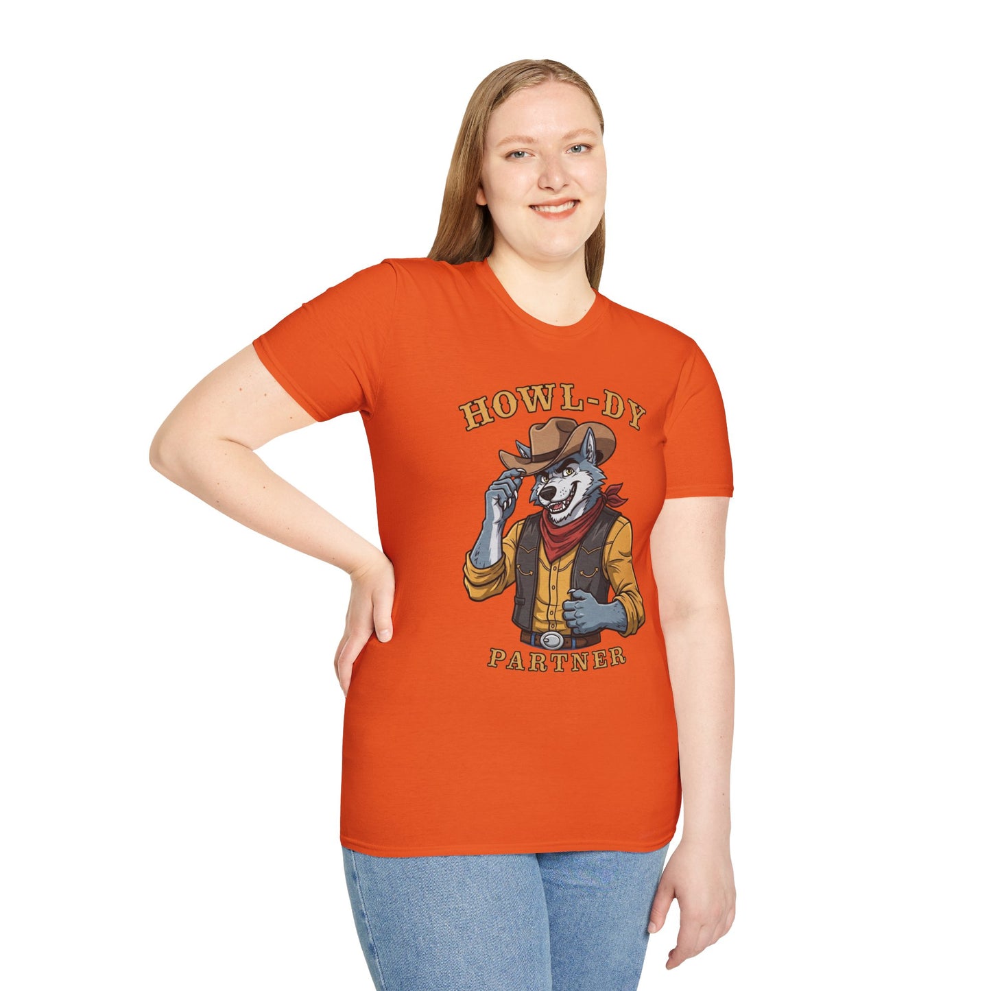 Howl-dy Partner Wolf Cowboy T-Shirt | Western Howling Wolf Graphic Tee, Funny Animal Shirt, Cowboy Gifts, Rustic Country Tee