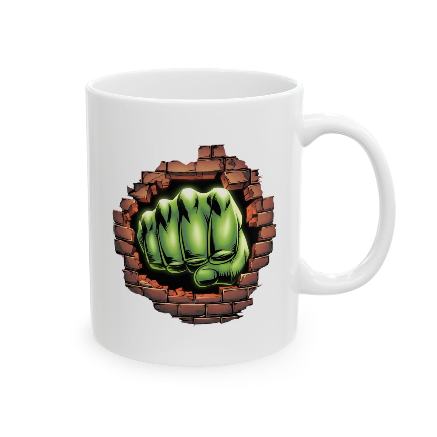 Smash Fist Mug – Green Fist Punching Through Wall Coffee Cup, Superhero Inspired Design, Dishwasher Safe, Funny Gift for Fans & Coffee Lovers