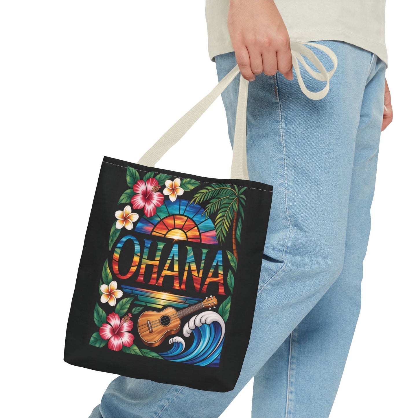 Ohana Tote Bag – Hawaiian Tropical Beach Bag with Ukulele, Sunset & Hibiscus Flowers, Island Gift for Women, Aloha Family Vibes
