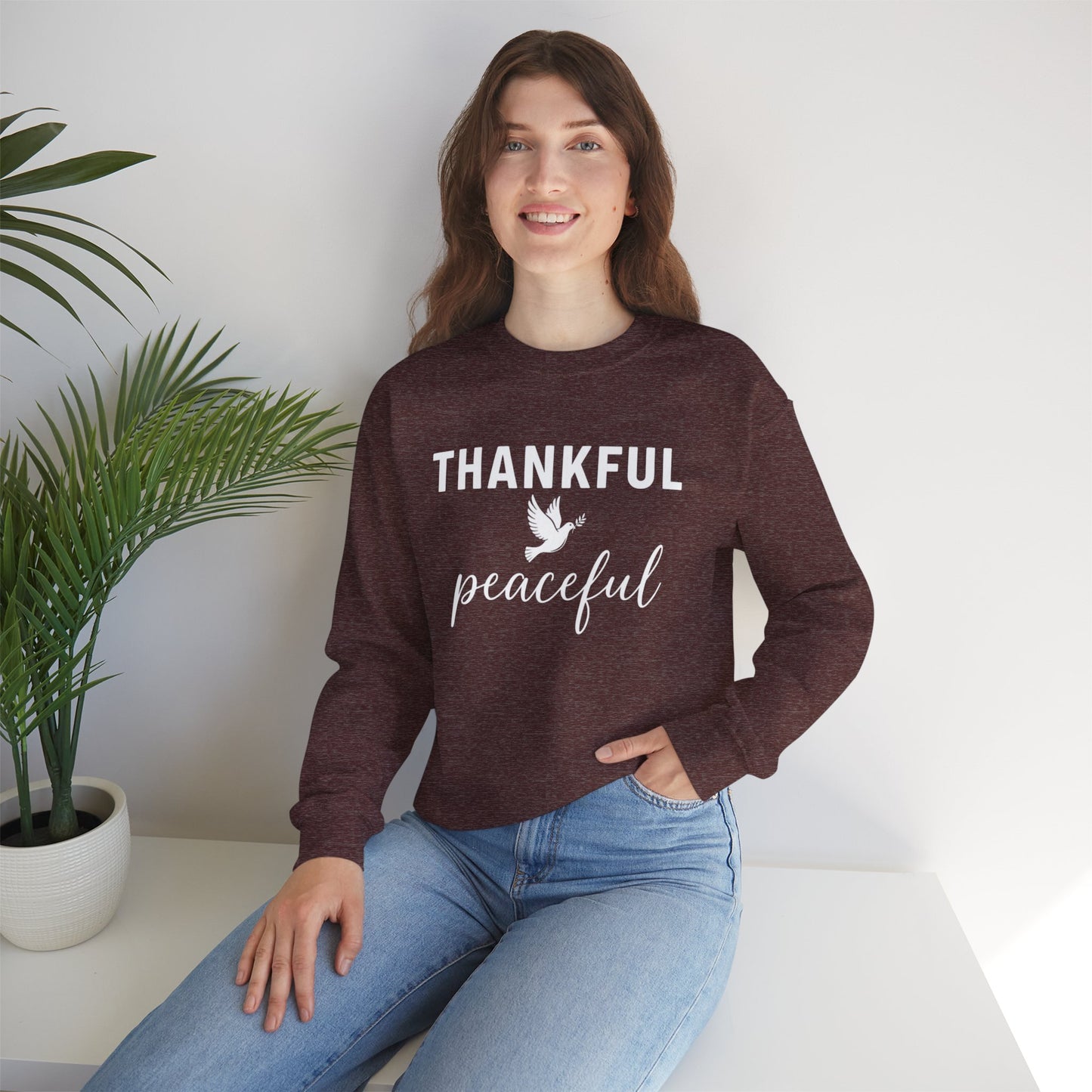 Thankful Peaceful Sweatshirt, Inspirational Quote Crewneck, Positive Message Sweater, Gratitude Gift, Cozy Faith Based Pullover