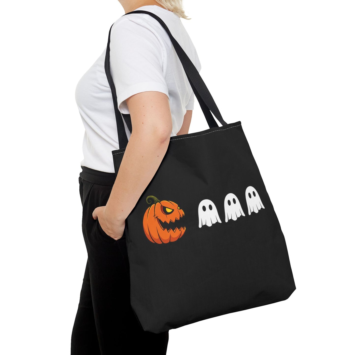 Halloween pumpkin ghost tote bag, spooky trick or treat canvas bag, ghost pumpkin design reusable tote, spooky season gift tote