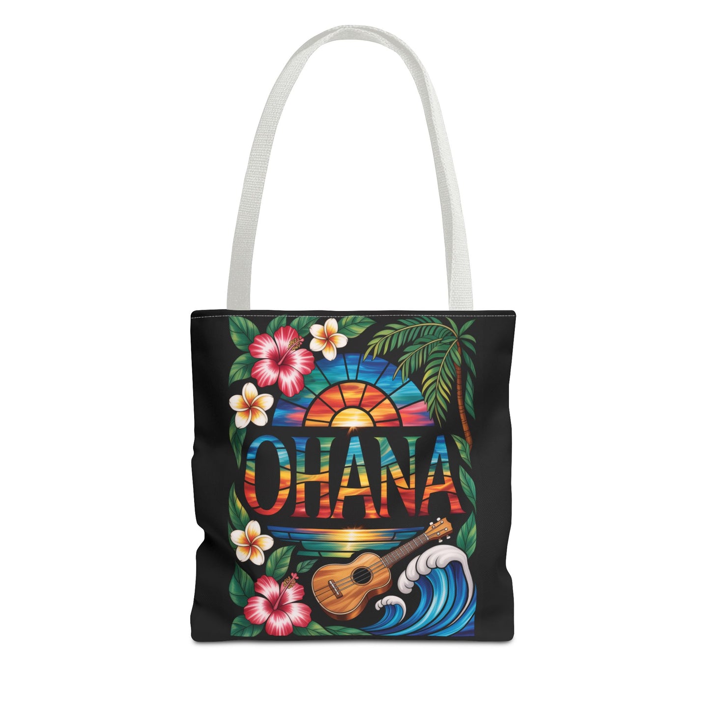 Ohana Tote Bag – Hawaiian Tropical Beach Bag with Ukulele, Sunset & Hibiscus Flowers, Island Gift for Women, Aloha Family Vibes