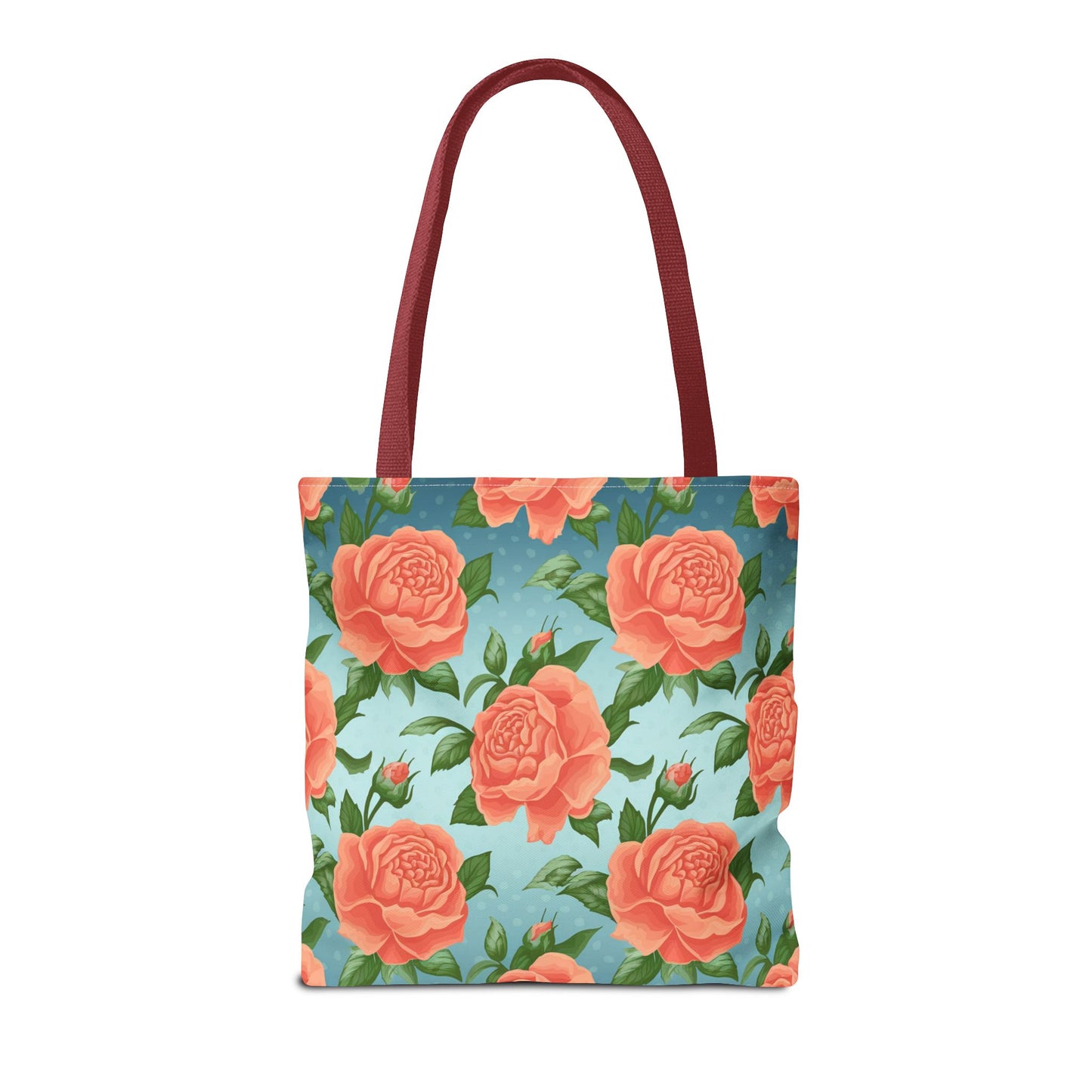 Vintage Floral Tote Bag – Coral Rose Pattern on Blue Background – Aesthetic Everyday Carry Bag – Reusable Fabric Market Tote Gift