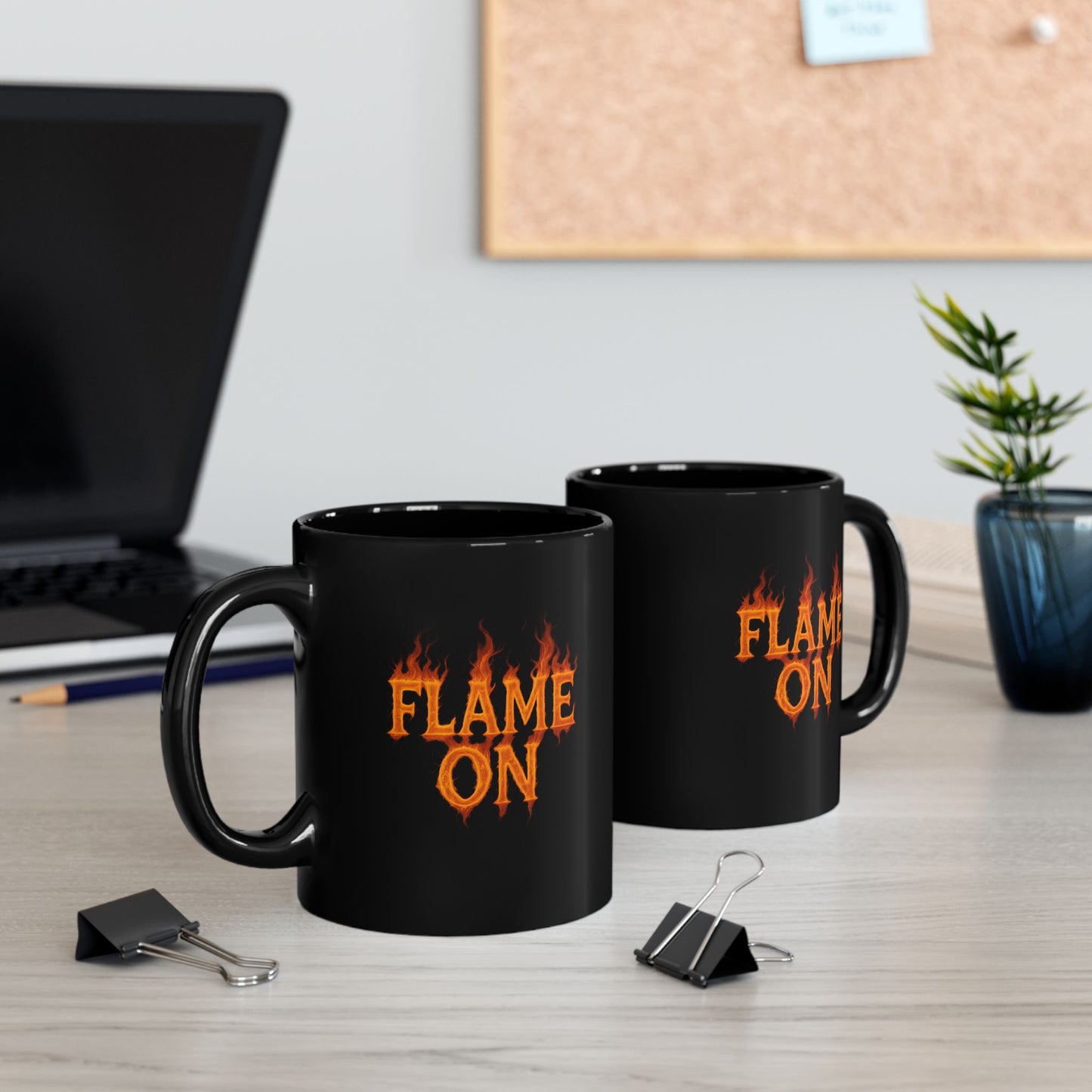 Flame On Mug - Fire Typography Coffee Cup for Superhero Fans, Hot Drink Black Mug, Comic Style Gift, Hero Catchphrase Energy