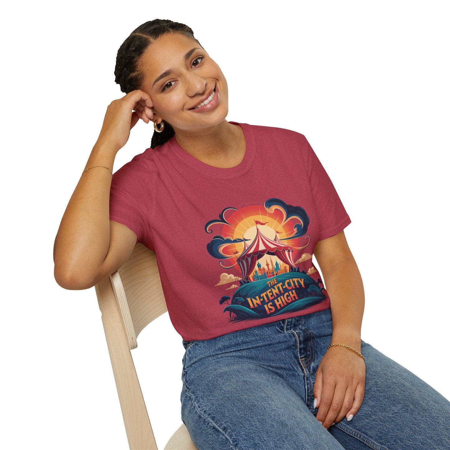 In-Tent-City Is High Retro Camp T-Shirt | Vintage Circus Tent + Cityscape Graphic | Funny Outdoors Urban Adventure Tee | Unisex Camper Shirt