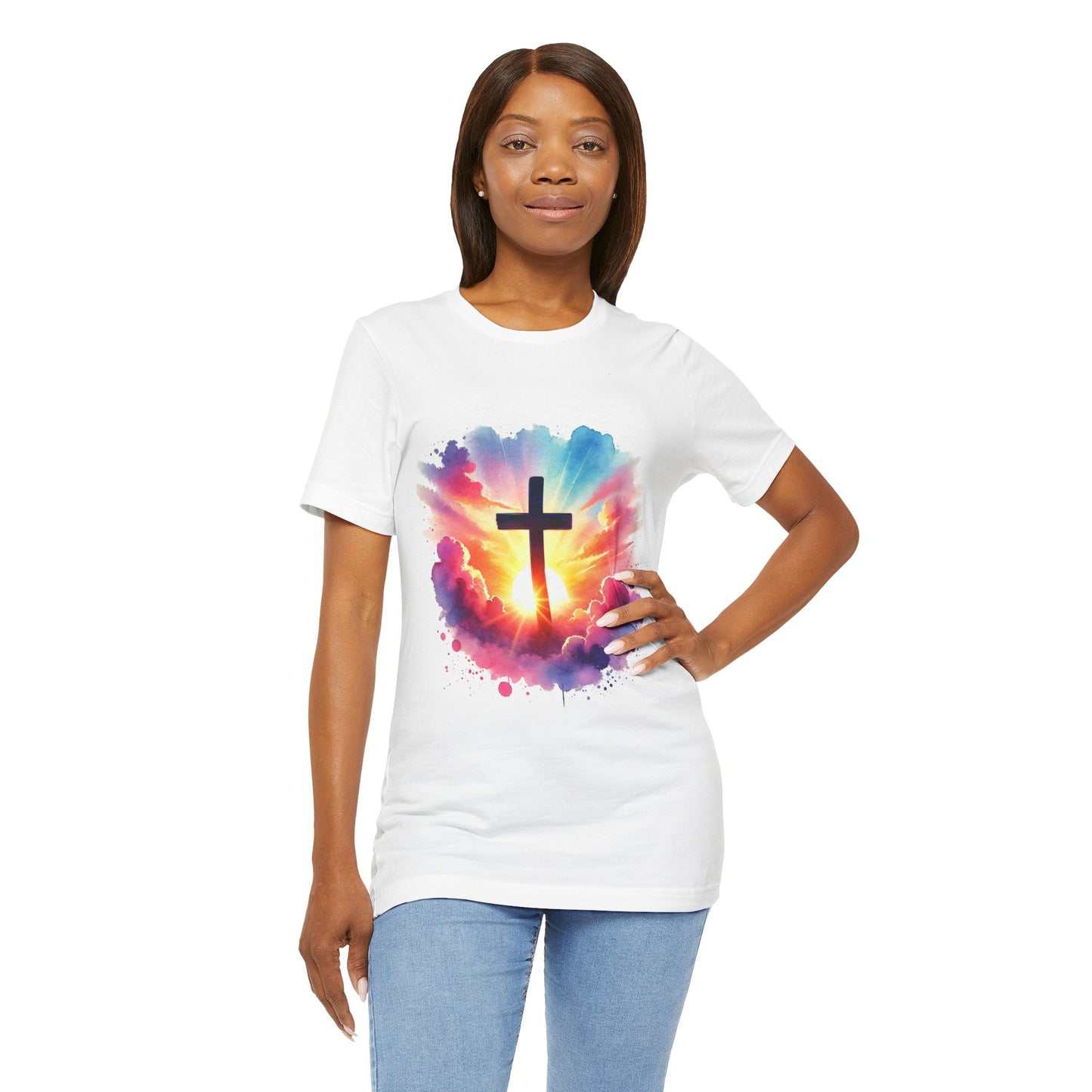 Faith Cross Sunburst Christian Tee | Inspirational Christian T-Shirt | Colorful Sunrise Cross Shirt | Faith Gifts for Women Men
