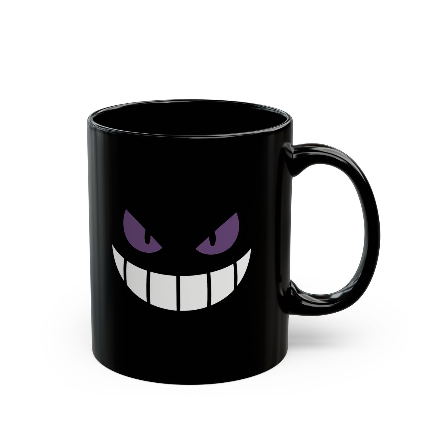 Mischievous Purple Eyes Mug - Black Coffee Cup with Spooky Grin - Cute Yet Creepy Gift for Gamers, Anime Fans, and Coffee Lovers