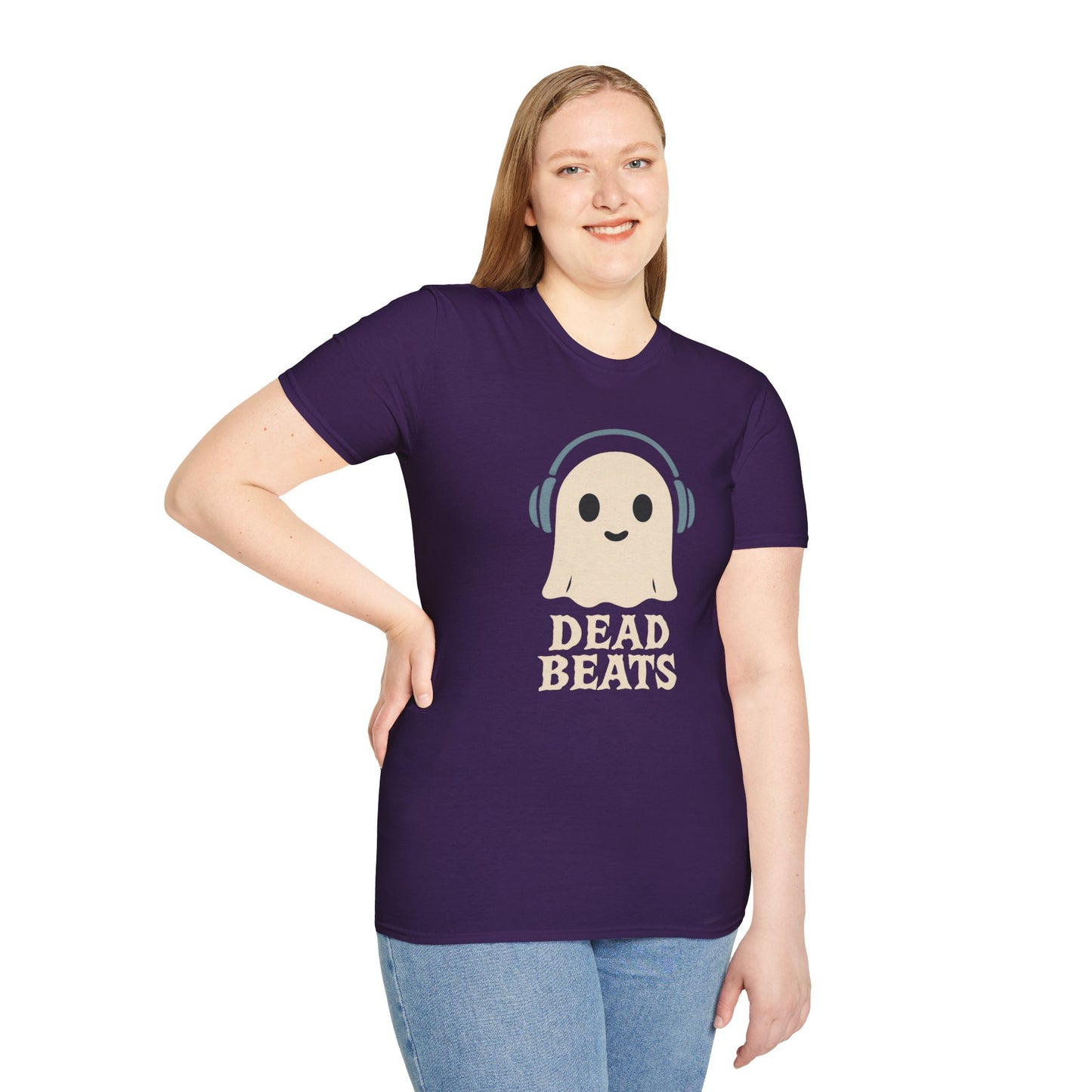 Dead Beats Ghost T-Shirt - Funny Music Halloween Shirt - Cute Ghost with Headphones Tee - Gift for DJs, Musicians and Spooky Season