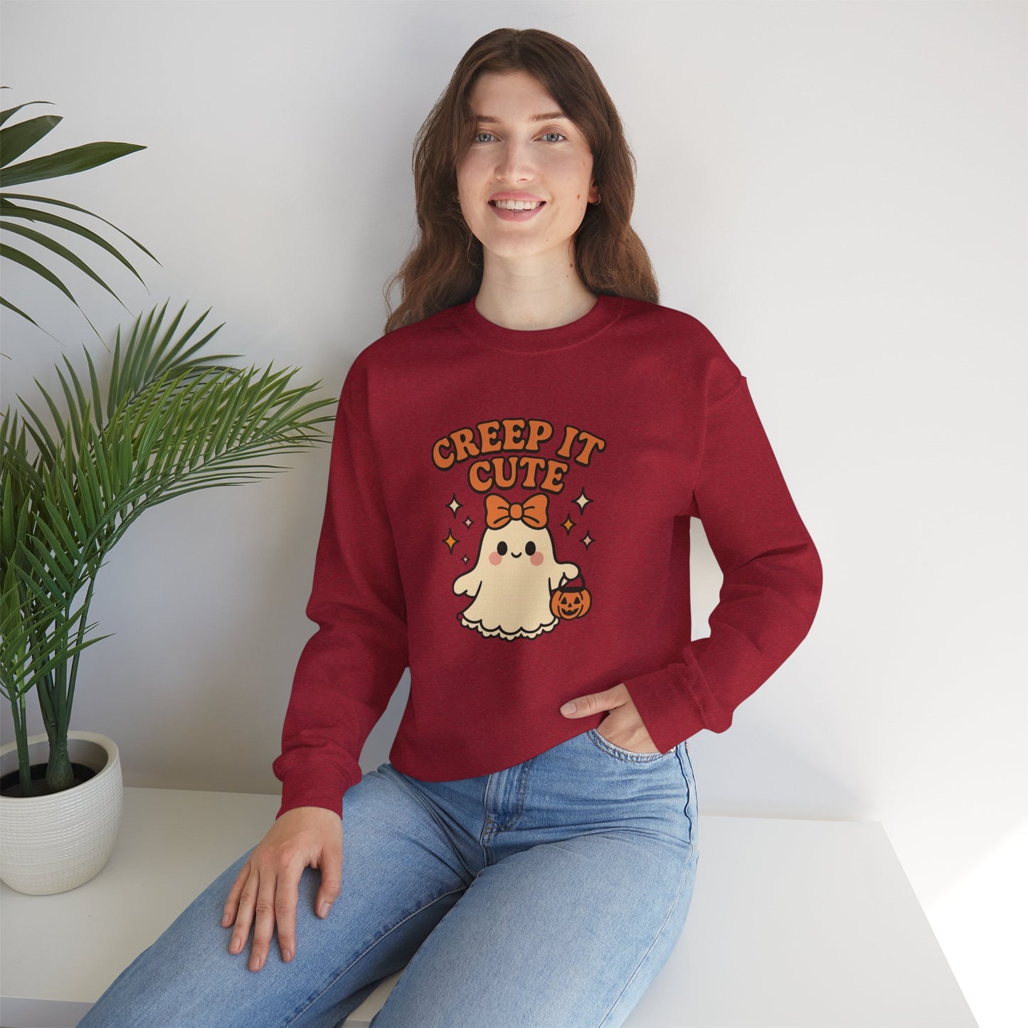 Cute Ghost Sweatshirt, Creep It Cute Crewneck, Spooky Halloween Pullover, Sweet Ghost Graphic Sweatshirt, Trick-Or-Treat Gift Top