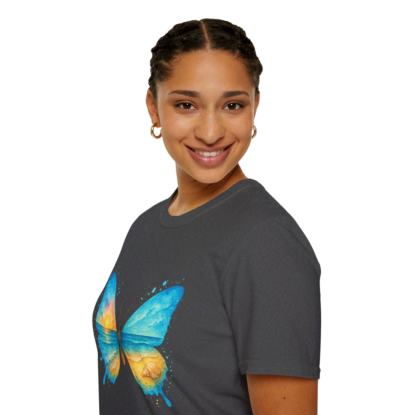 Butterfly Sunset Beach Tee - Scenic Butterfly Graphic Shirt, Nature Lover Gift, Boho Ocean Tee, Unisex Casual T-Shirt