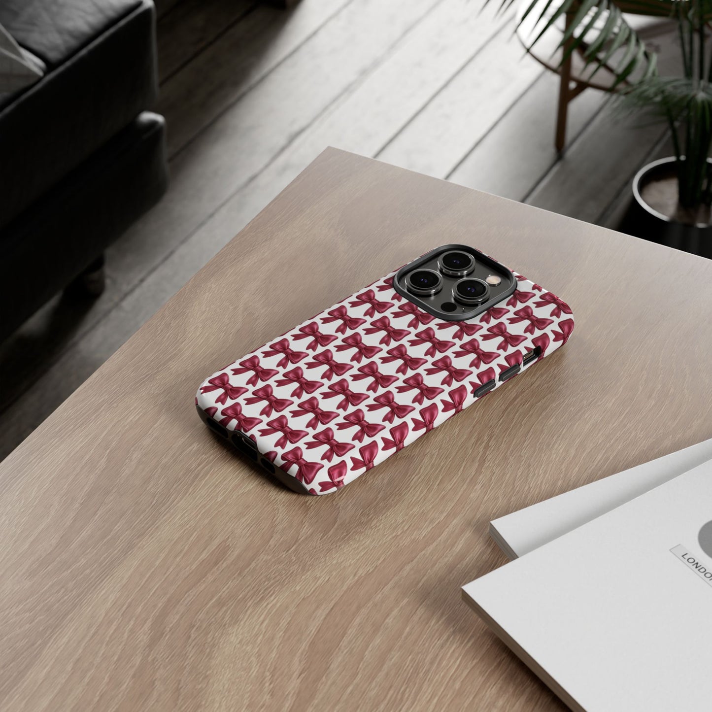 Coquette Bow iPhone Case - Burgundy Ribbon Pattern Phone Cover, Girly Aesthetic Accessory, Cute Gift for Her