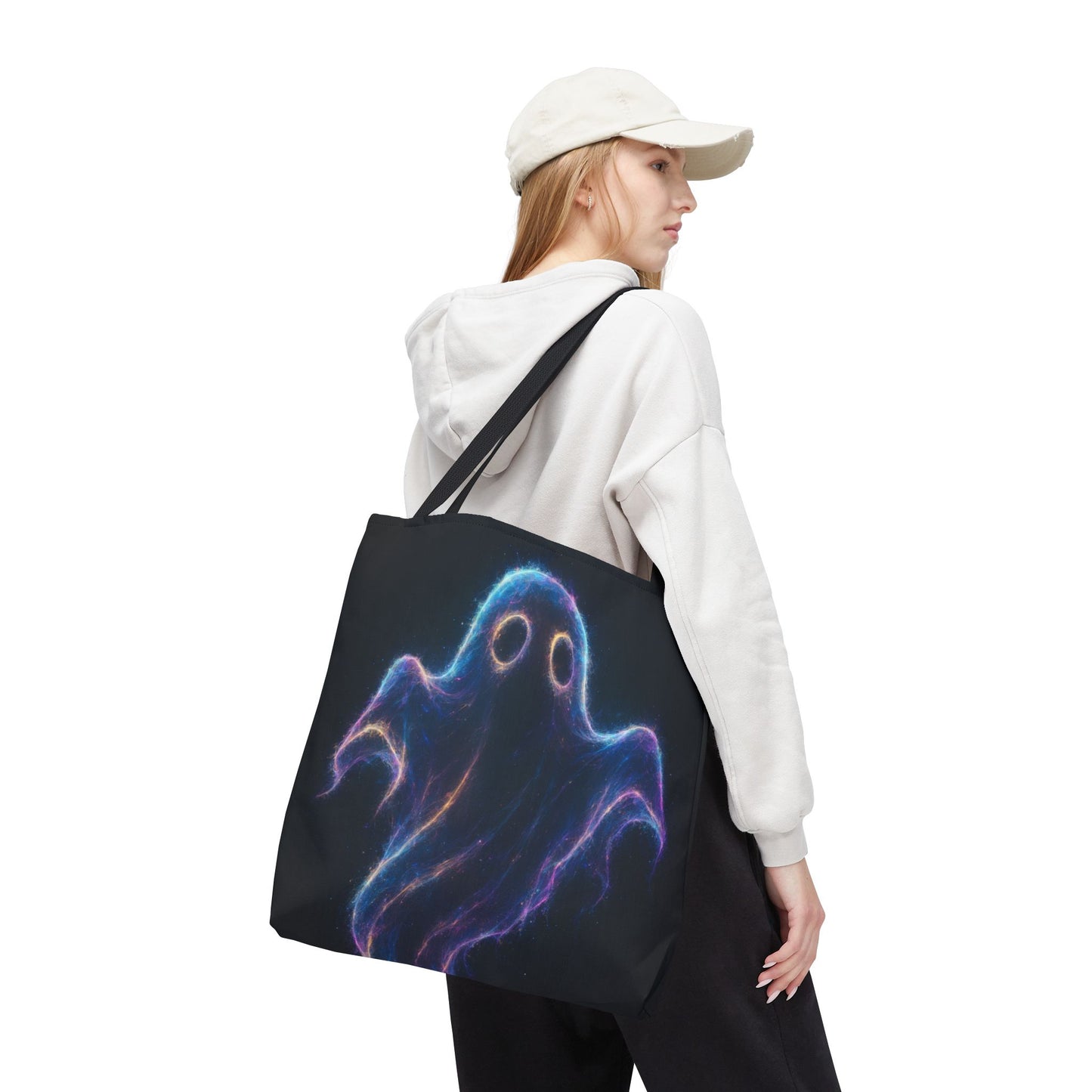 Neon Ghost Tote Bag, Spooky Halloween Canvas Tote, Glowing Cosmic Ghost Design Bag, Reusable Trick Or Treat Tote, Gothic Gift Accessory