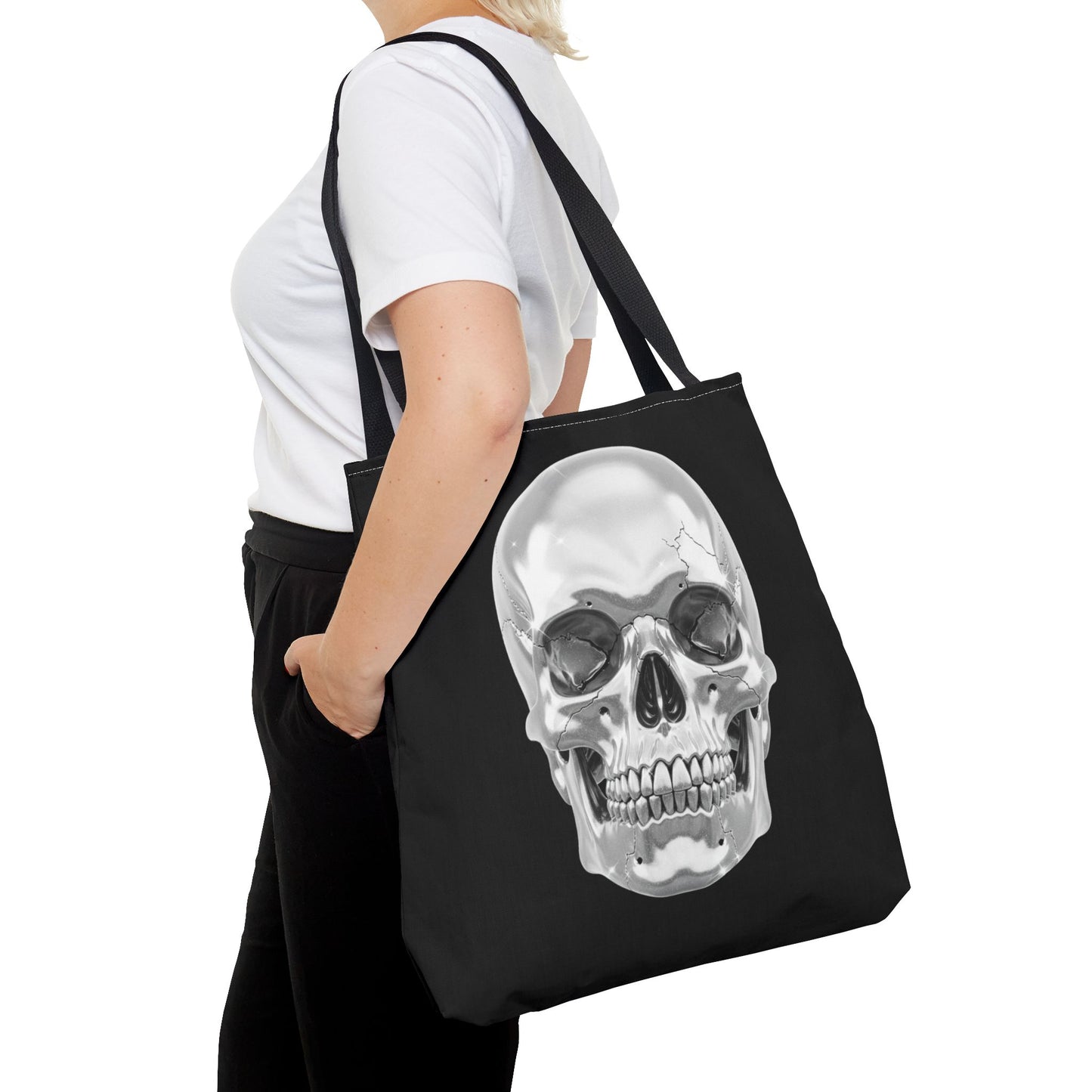 Chrome Skull Tote Bag, Gothic Halloween Canvas Tote, Metallic Skull Design Bag, Spooky Season Accessory, Skull Gift Tote For Horror Fans