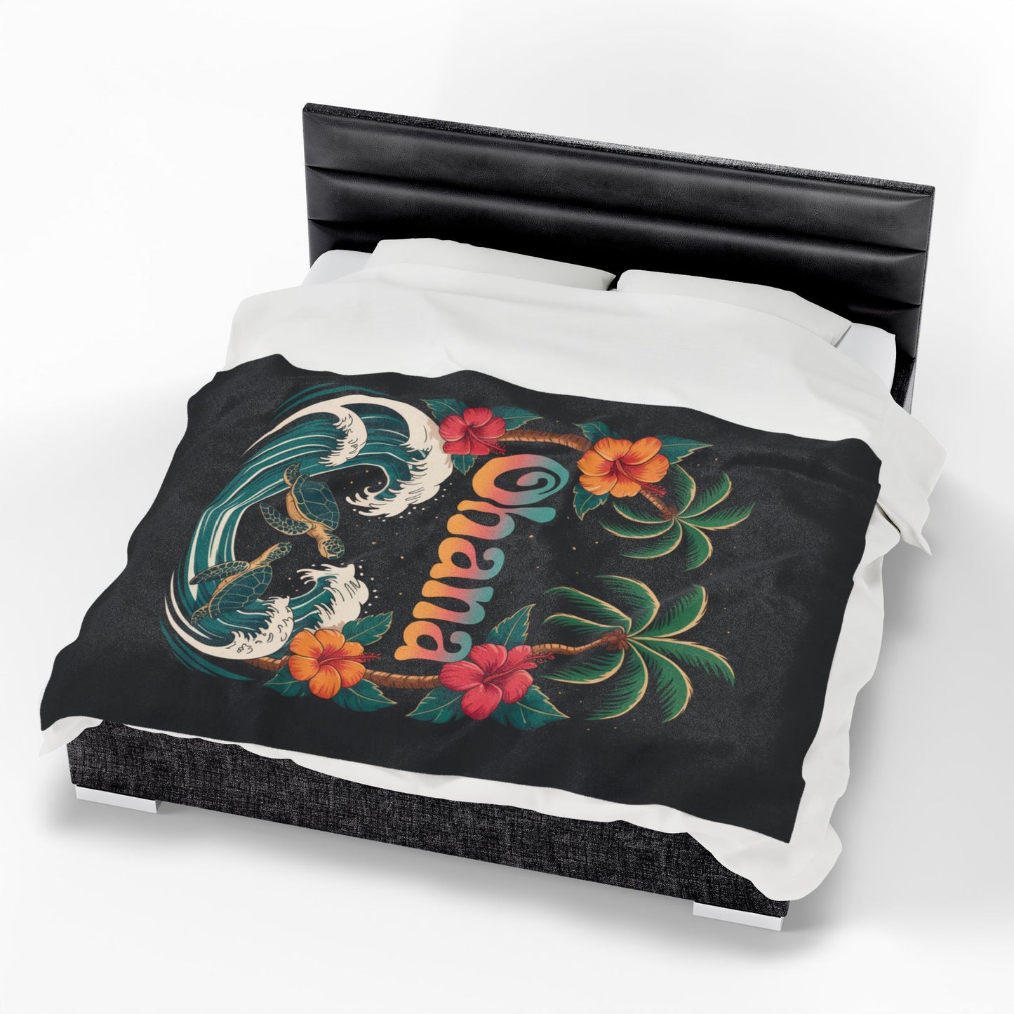 Ohana Hawaiian Turtle Blanket - Tropical Beach Throw with Palm Trees & Hibiscus - Cozy Coastal Decor Gift - Soft Summer Bed Blanket