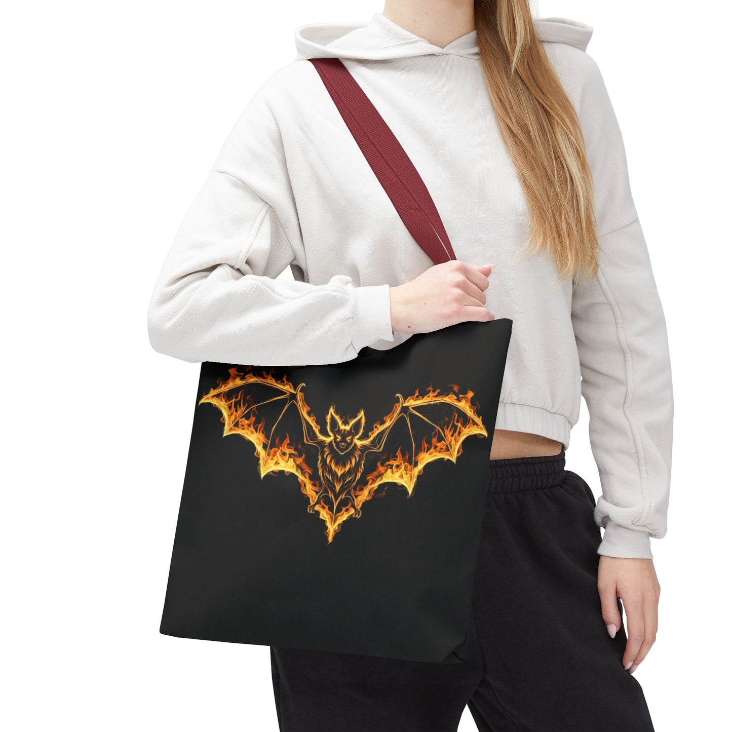 Flaming Bat Tote Bag, Gothic Halloween Canvas Tote, Fiery Wing Bat Design Tote, Spooky Season Accessory, Gothic Gift Tote