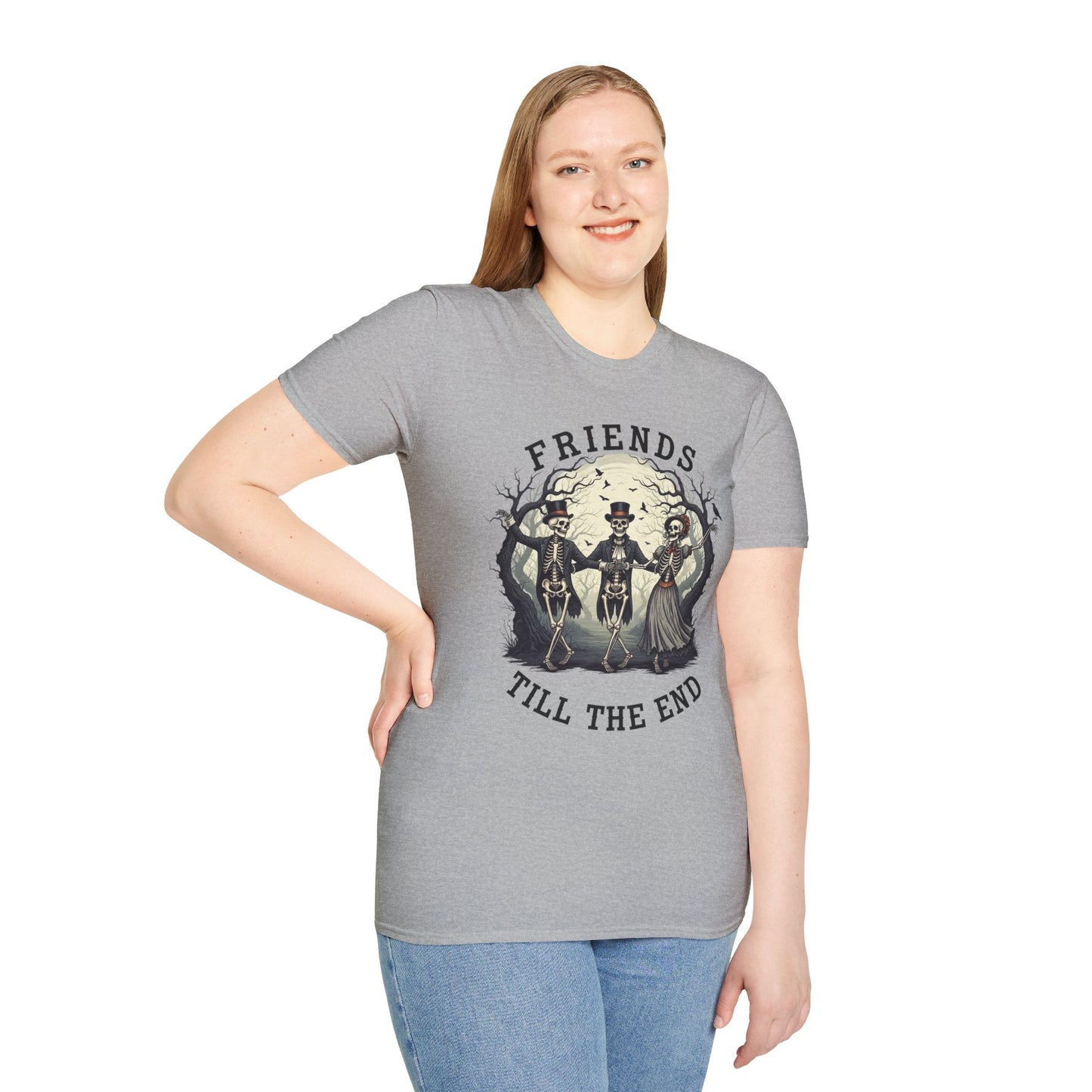 Friends Till The End Skeleton Tee | Dancing Skeleton Friends Shirt | Halloween Gothic BFF Gift | Unisex Heather Grey Graphic T-Shirt