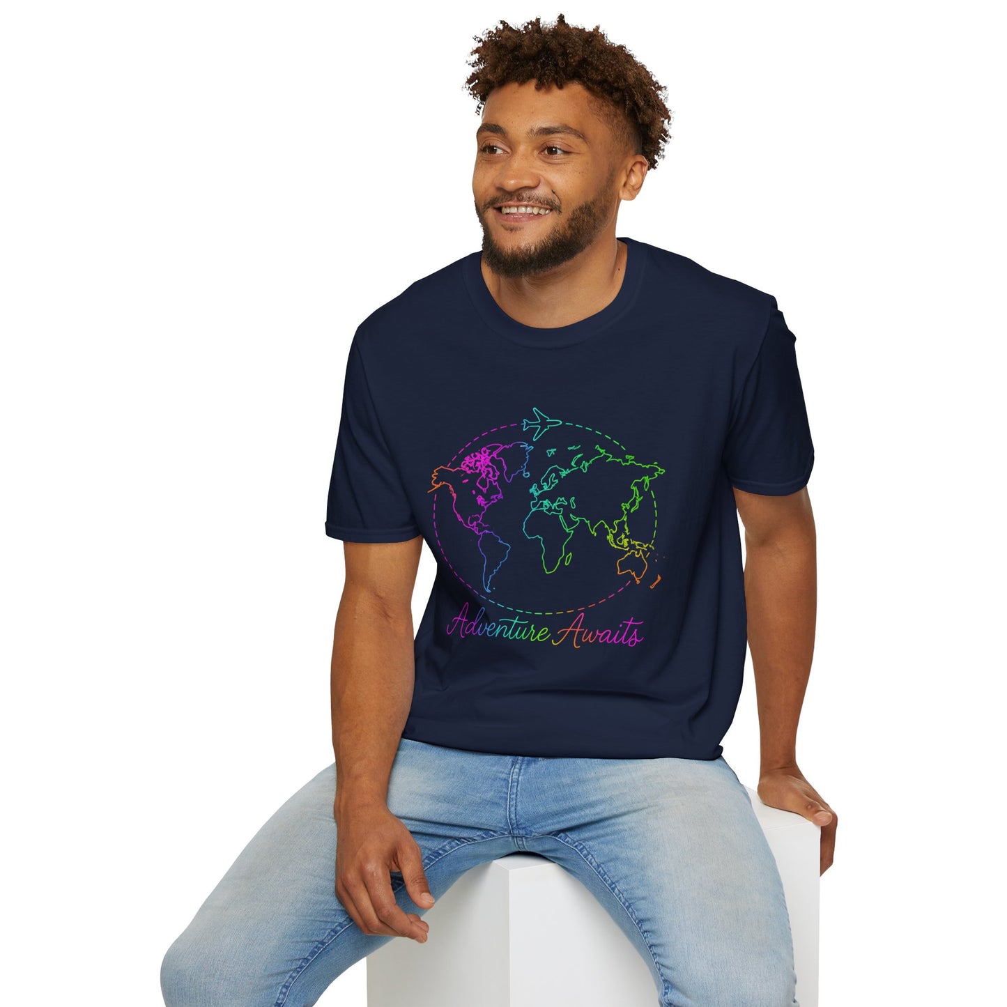 Adventure Awaits Neon Y2K Shirt - Retro Travel Tee, Rainbow Globe Graphic, Aesthetic Vacation Top, Y2K Gift for Travelers
