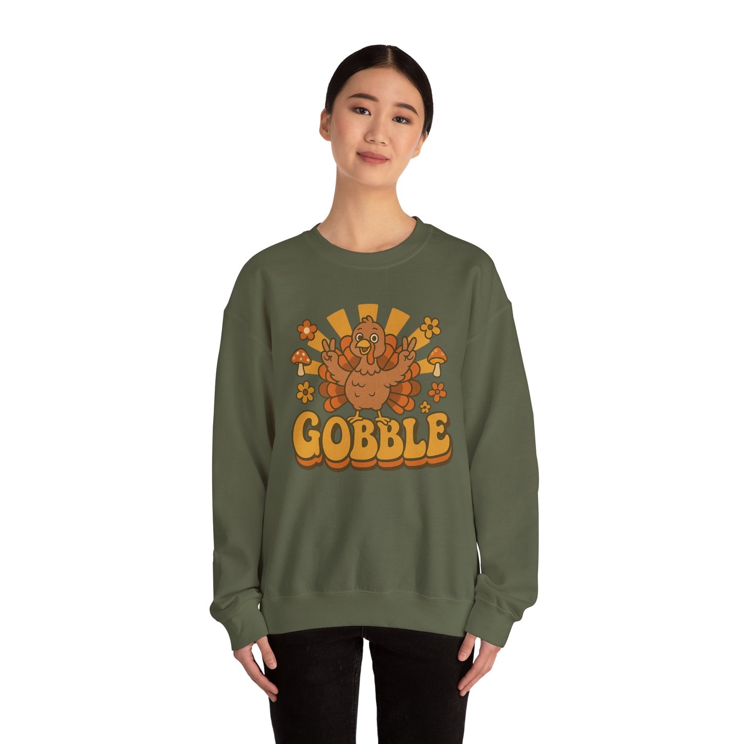 Gobble Turkey Sweatshirt, Retro Fall Turkey Crewneck, Thanksgiving Graphic Pullover, Autumn Mushroom & Flower Design, Cozy Fall Top