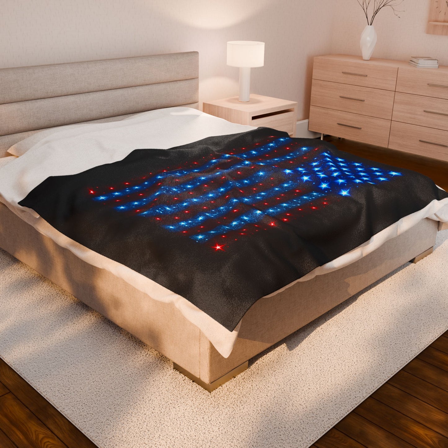 Starry Bioluminescent USA Flag Plush Blanket - Velveteen Patriotic Throw - 4th July Cozy Home Decor - Modern Stars and Stripes Throw