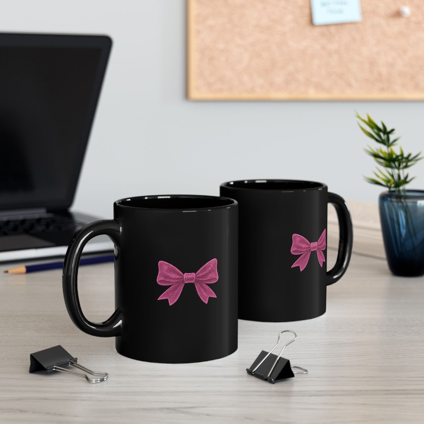 Black Mug with Pink Bow – Aesthetic Coffee Mug for Women | Cute Girly Gift, Desk Accessory, Kawaii Style Cup for Coworkers & Friends