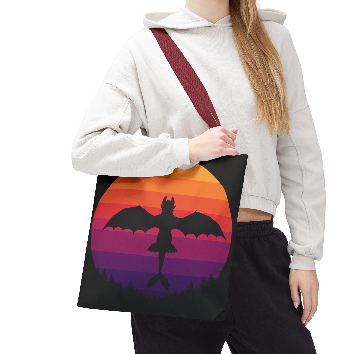 Sunset Dragon Flight Tote Bag, Reusable Eco-Friendly Shoulder Bag With Silhouette Design, Aesthetic Black Tote For Everyday Use And Gifts