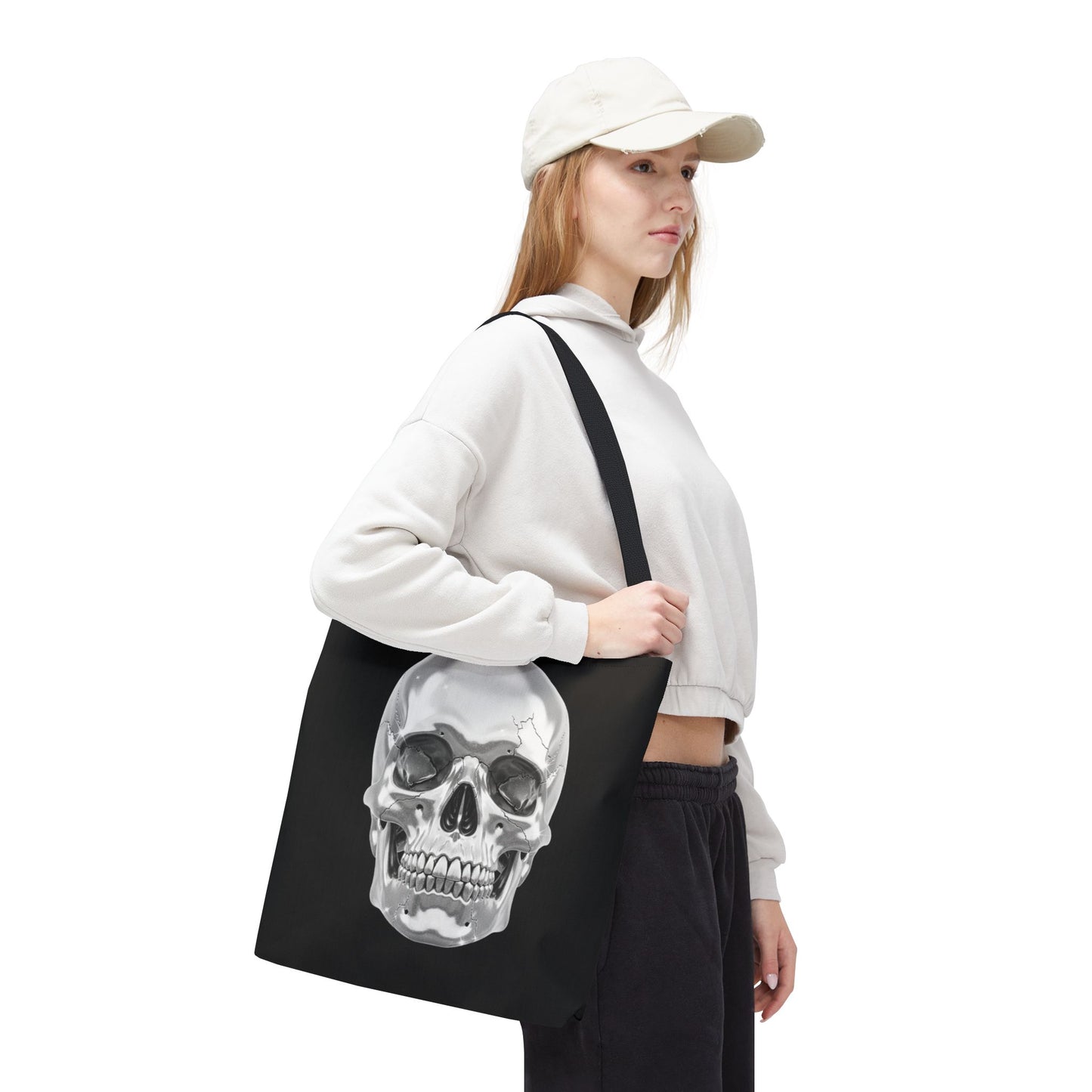Chrome Skull Tote Bag, Gothic Halloween Canvas Tote, Metallic Skull Design Bag, Spooky Season Accessory, Skull Gift Tote For Horror Fans