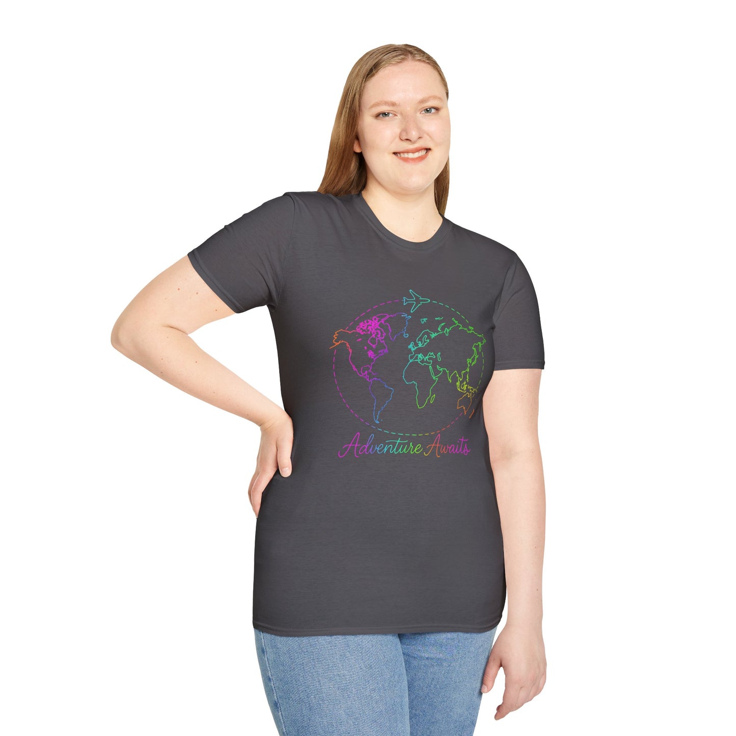 Adventure Awaits Neon Y2K Shirt - Retro Travel Tee, Rainbow Globe Graphic, Aesthetic Vacation Top, Y2K Gift for Travelers