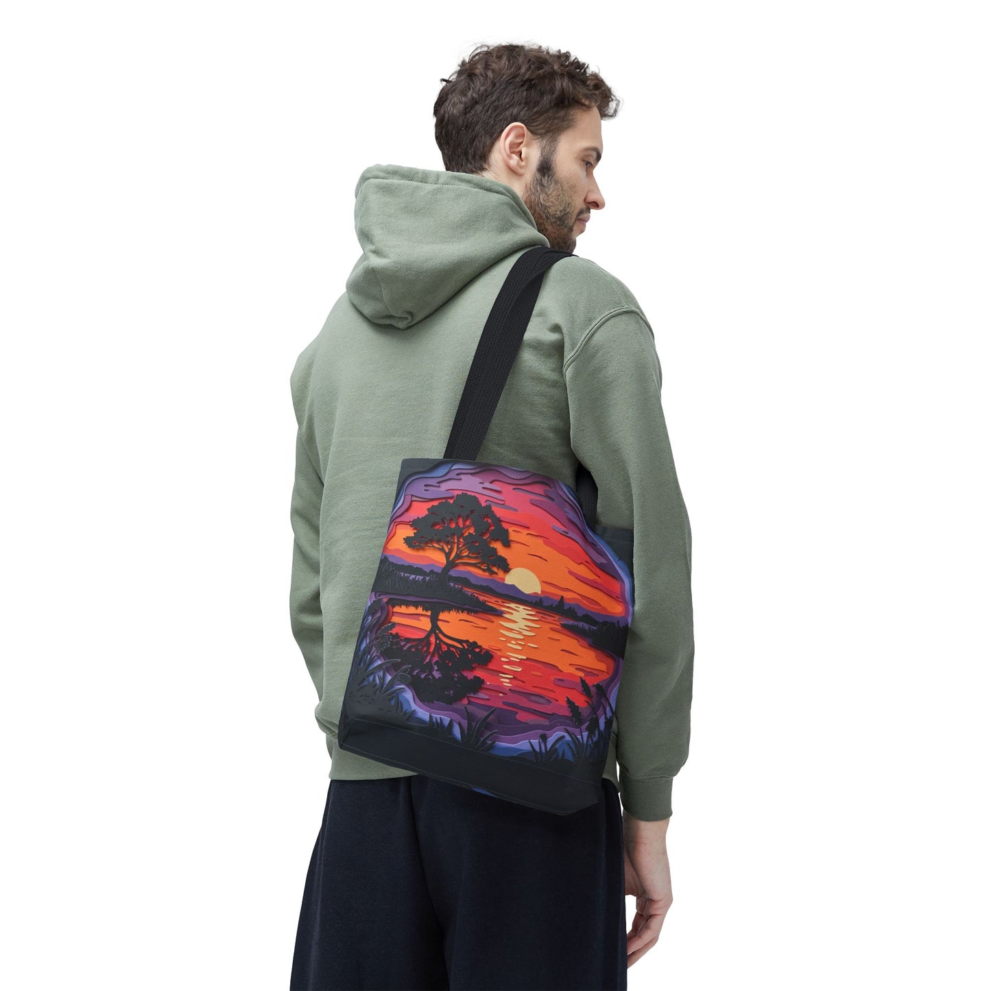 Sunset Landscape Canvas Tote Bag – Paper‑Art Inspired Nature Scene Tote – Colorful Sunset Market Tote, Eco Reusable Beach Bag, Vibrant Gift for Her