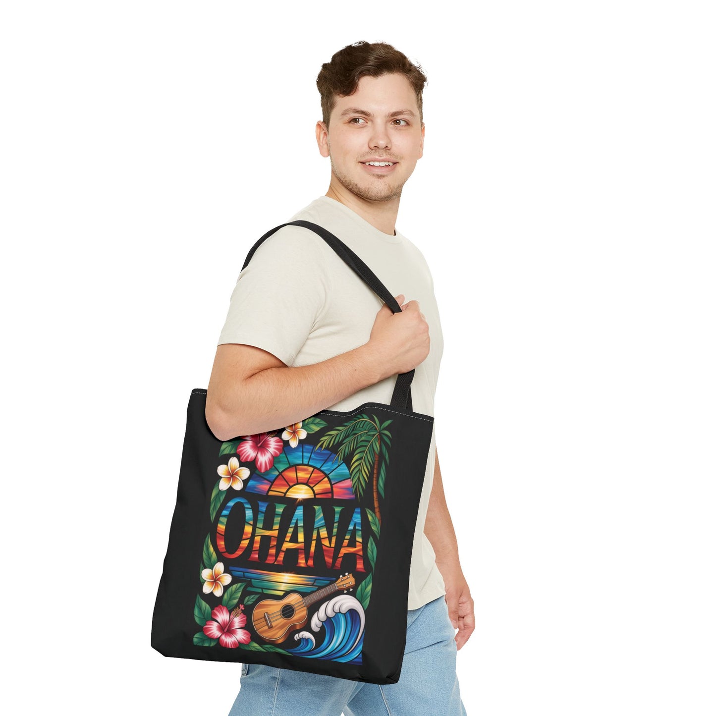 Ohana Tote Bag – Hawaiian Tropical Beach Bag with Ukulele, Sunset & Hibiscus Flowers, Island Gift for Women, Aloha Family Vibes