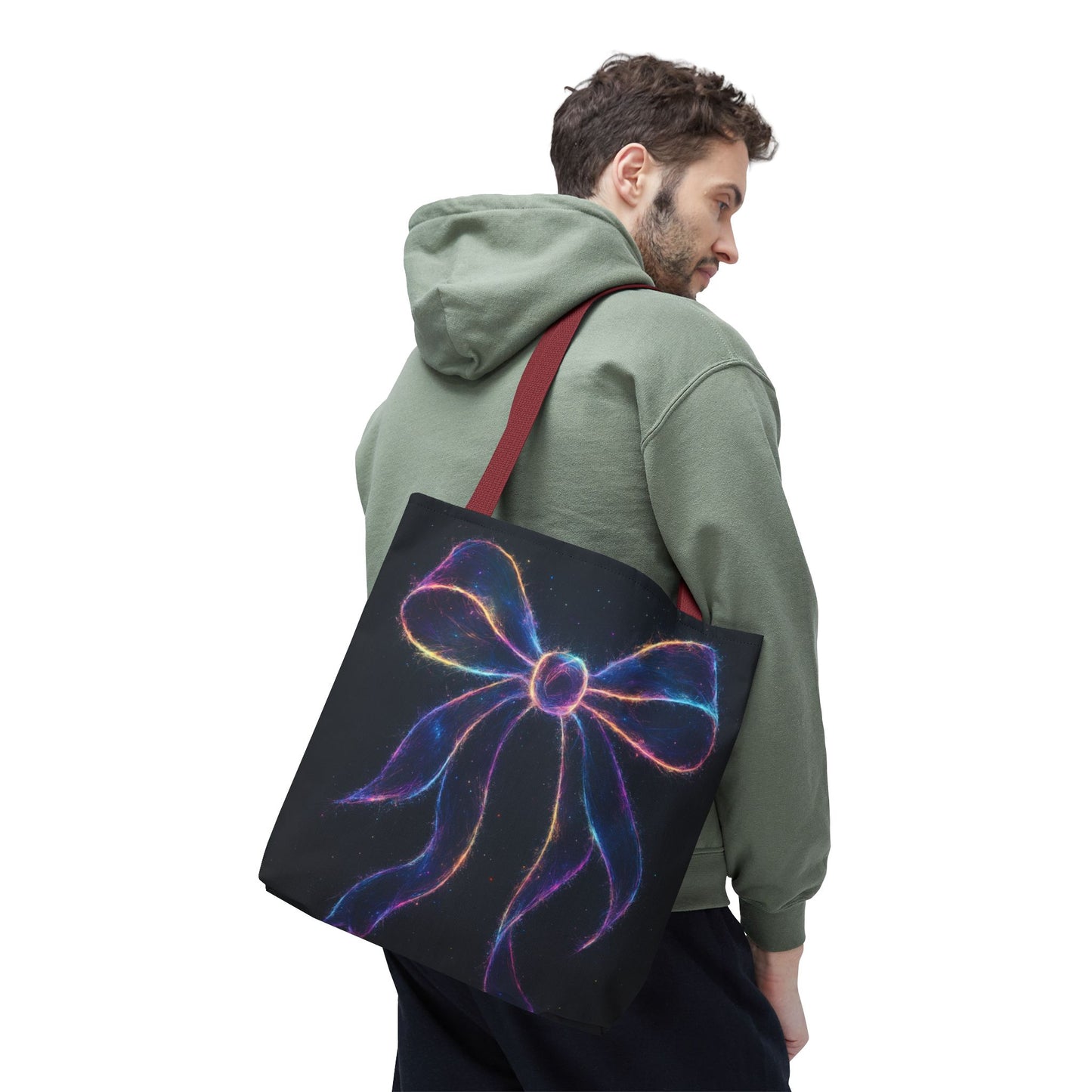 Galaxy Glow Bow Tote Bag, Cosmic Neon Ribbon Design, Black Space Art Bag, Celestial Gift For Her, Stylish Reusable Everyday Tote