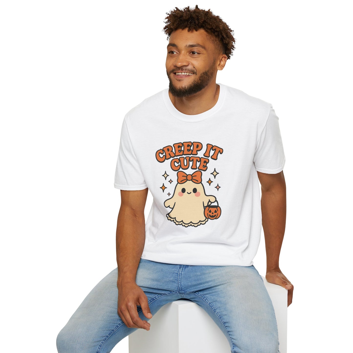 Creep It Cute Ghost Halloween Shirt - Kawaii Ghost Tee with Bow and Pumpkin, Spooky-Cute Fall Graphic T-Shirt, Spooky Season Halloween Top