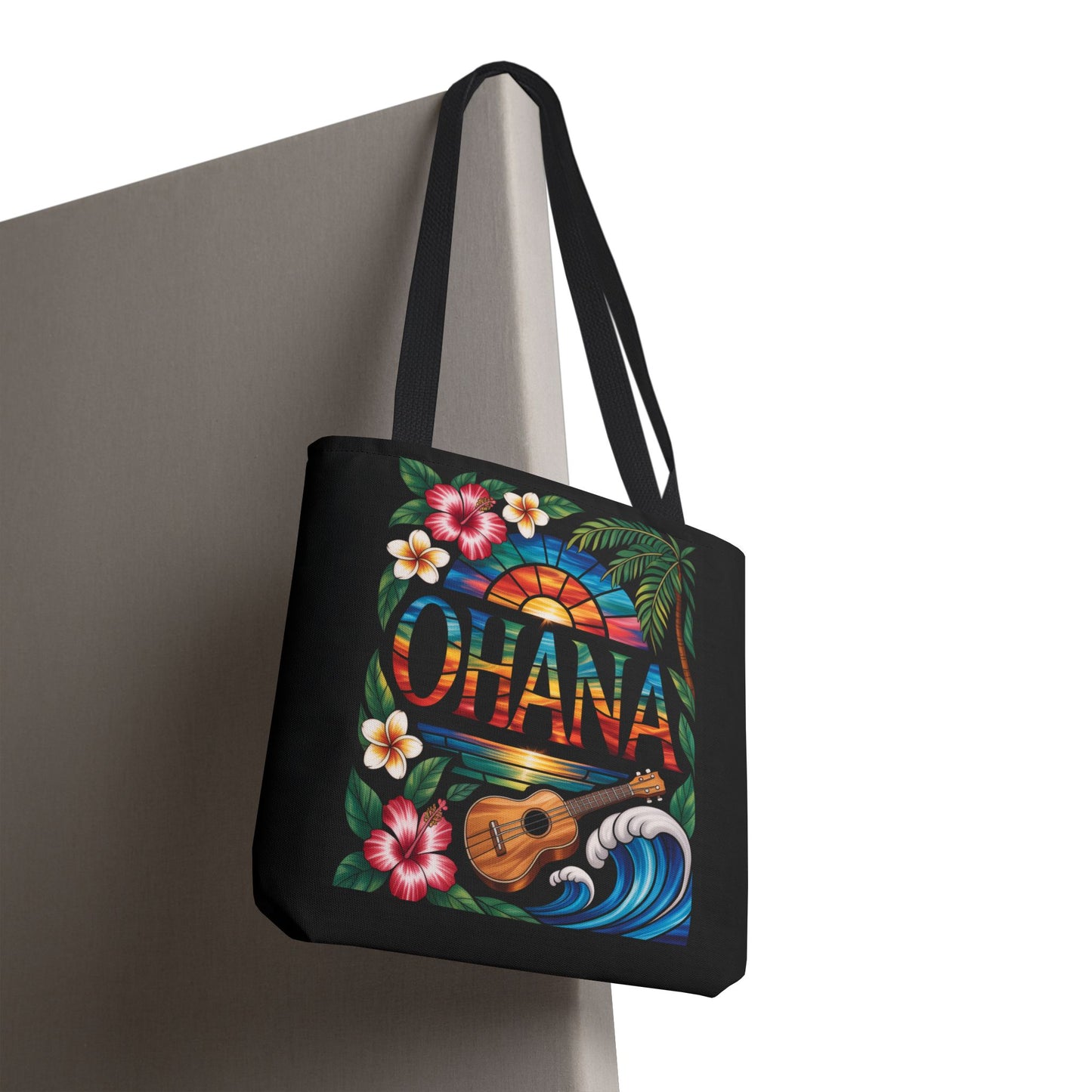 Ohana Tote Bag – Hawaiian Tropical Beach Bag with Ukulele, Sunset & Hibiscus Flowers, Island Gift for Women, Aloha Family Vibes