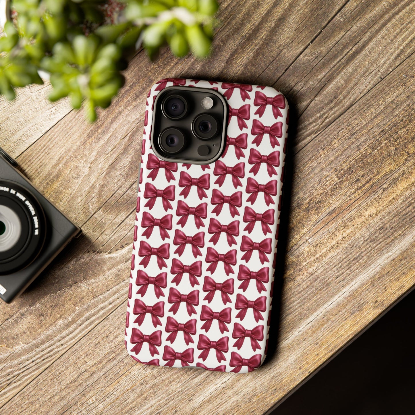 Coquette Bow iPhone Case - Burgundy Ribbon Pattern Phone Cover, Girly Aesthetic Accessory, Cute Gift for Her