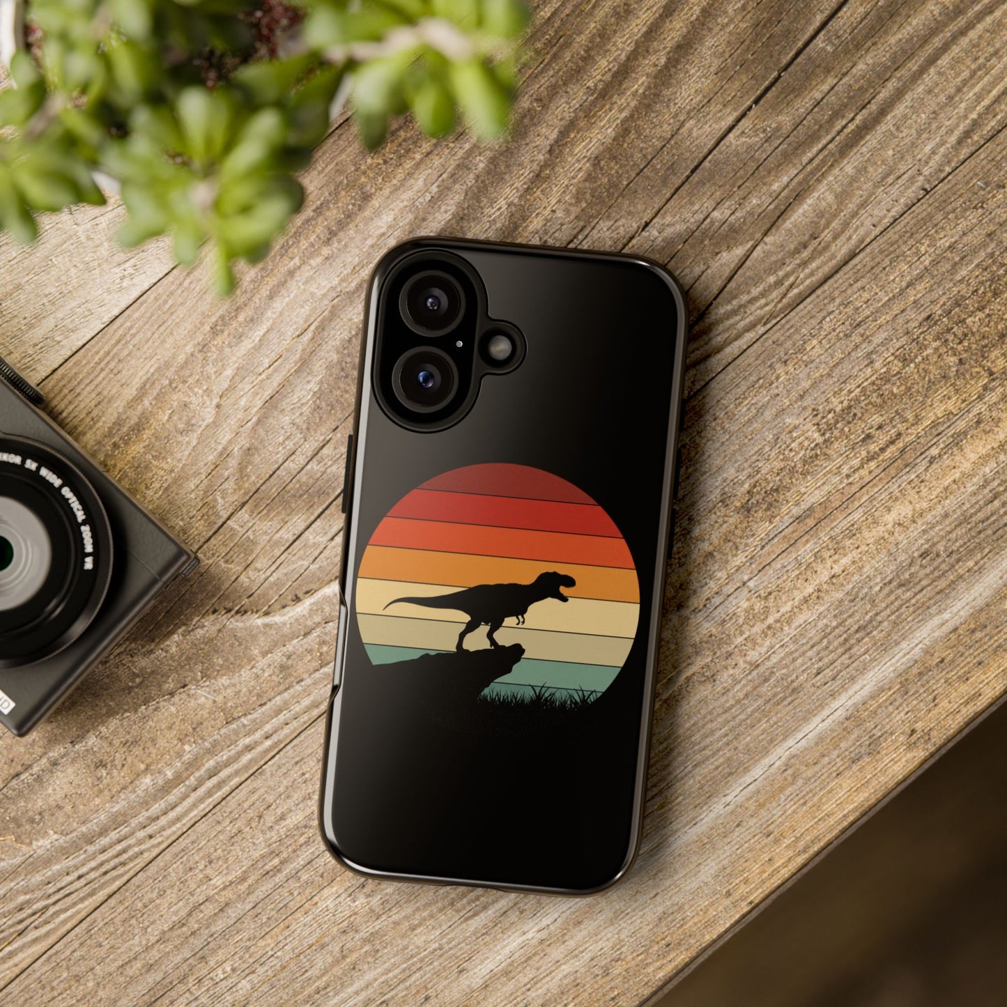 Retro Sunset Dinosaur iPhone Case | T‑Rex Silhouette Vintage Phone Cover for iPhone 14/15/16 Pro | Aesthetic Dinosaur Gift