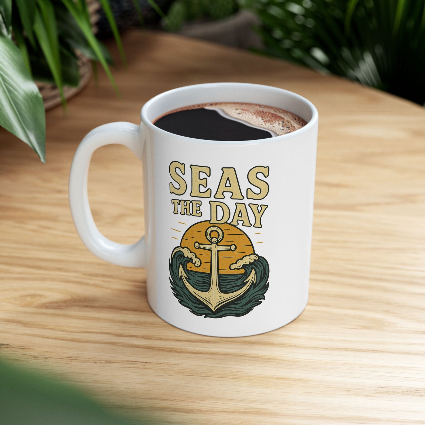 Seas the Day Coffee Mug – Nautical Anchor Ocean Sunset Cup, Funny Motivational Gift for Coffee Lovers, Sailors & Beach Vibes